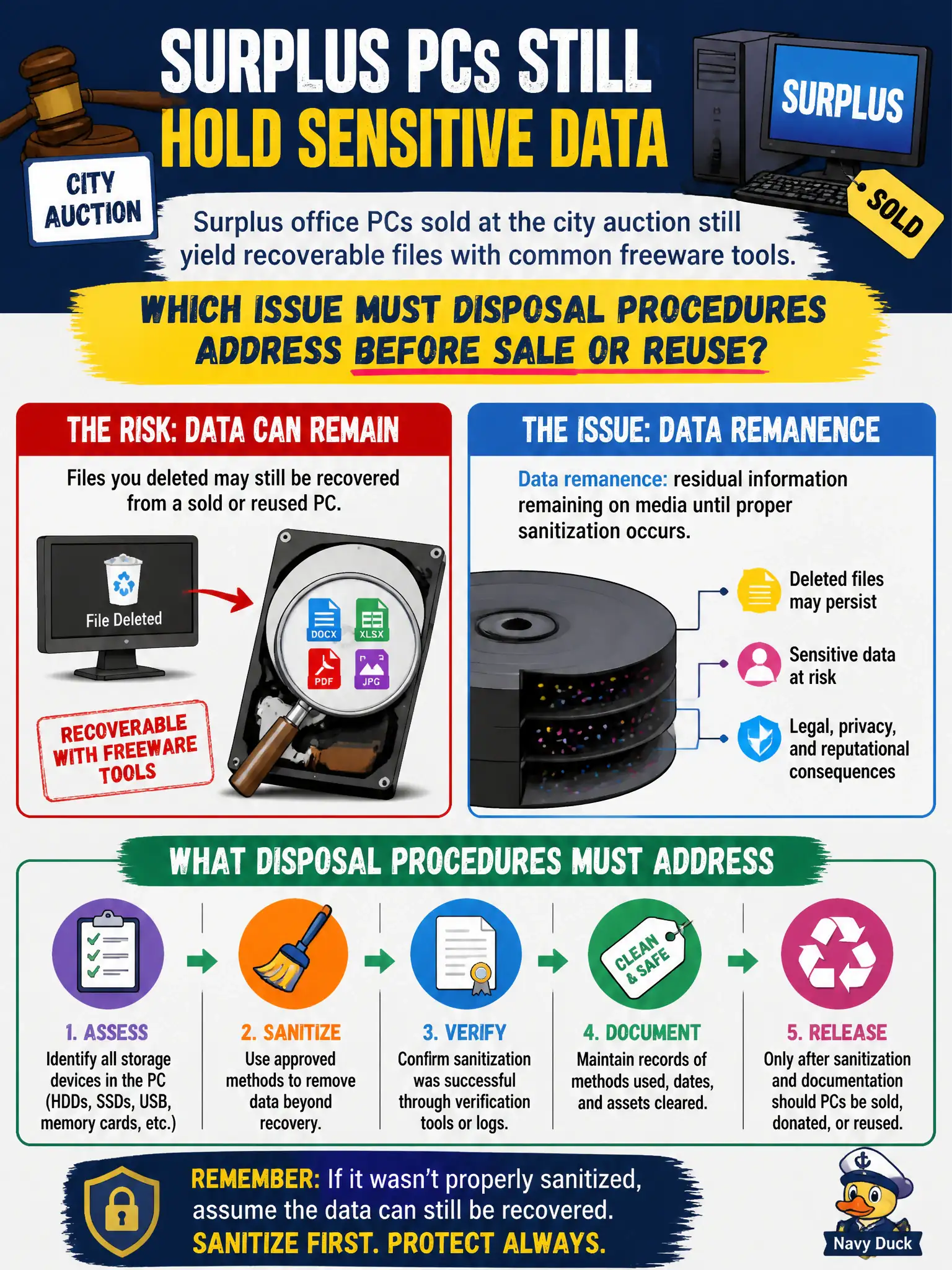 To Create an exciting colorful infographic that explains the concepts in the question: Question: Surplus office PCs sold at the city auction still yield recoverable files with common freeware tools. Which issue must disposal procedures address before sale or reuse? Correct Answer: Data remanence: residual information remaining on media until proper sanitization occurs. Put EVERY visible label in double quotes. No people. No A/B/C/D letters. In one of the four corners put a little "Navy Duck".