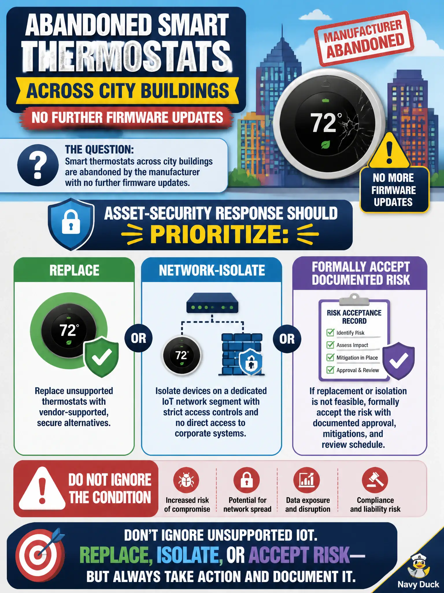 To Create an exciting colorful infographic that explains the concepts in the question: Question: Smart thermostats across city buildings are abandoned by the manufacturer with no further firmware updates. What should the asset-security response prioritize? Correct Answer: Replace, network-isolate, or formally accept documented risk for unsupported IoT rather than ignoring the condition. Put EVERY visible label in double quotes. No people. No A/B/C/D letters. In one of the four corners put a little "Navy Duck".