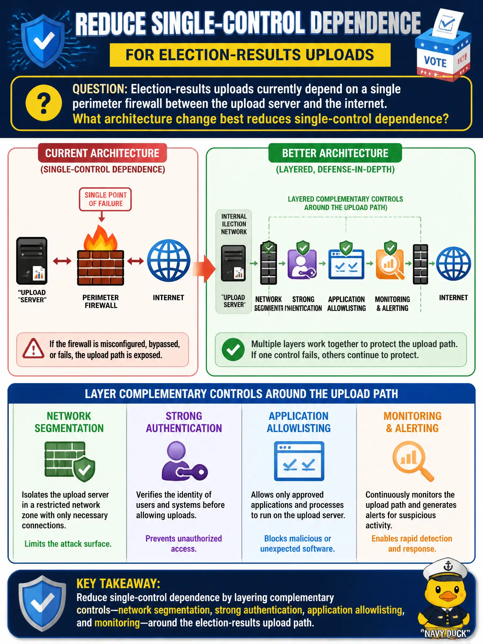 To Create an exciting colorful infographic that explains the concepts in the question: Question: Election-results uploads currently depend on a single perimeter firewall between the upload server and the internet. What architecture change best reduces single-control dependence? Correct Answer: Layer complementary controls such as network segmentation, strong authentication, application allowlisting, and monitoring around the upload path Put EVERY visible label in double quotes. No people. No A/B/C/D letters. In one of the four corners put a little "Navy Duck".