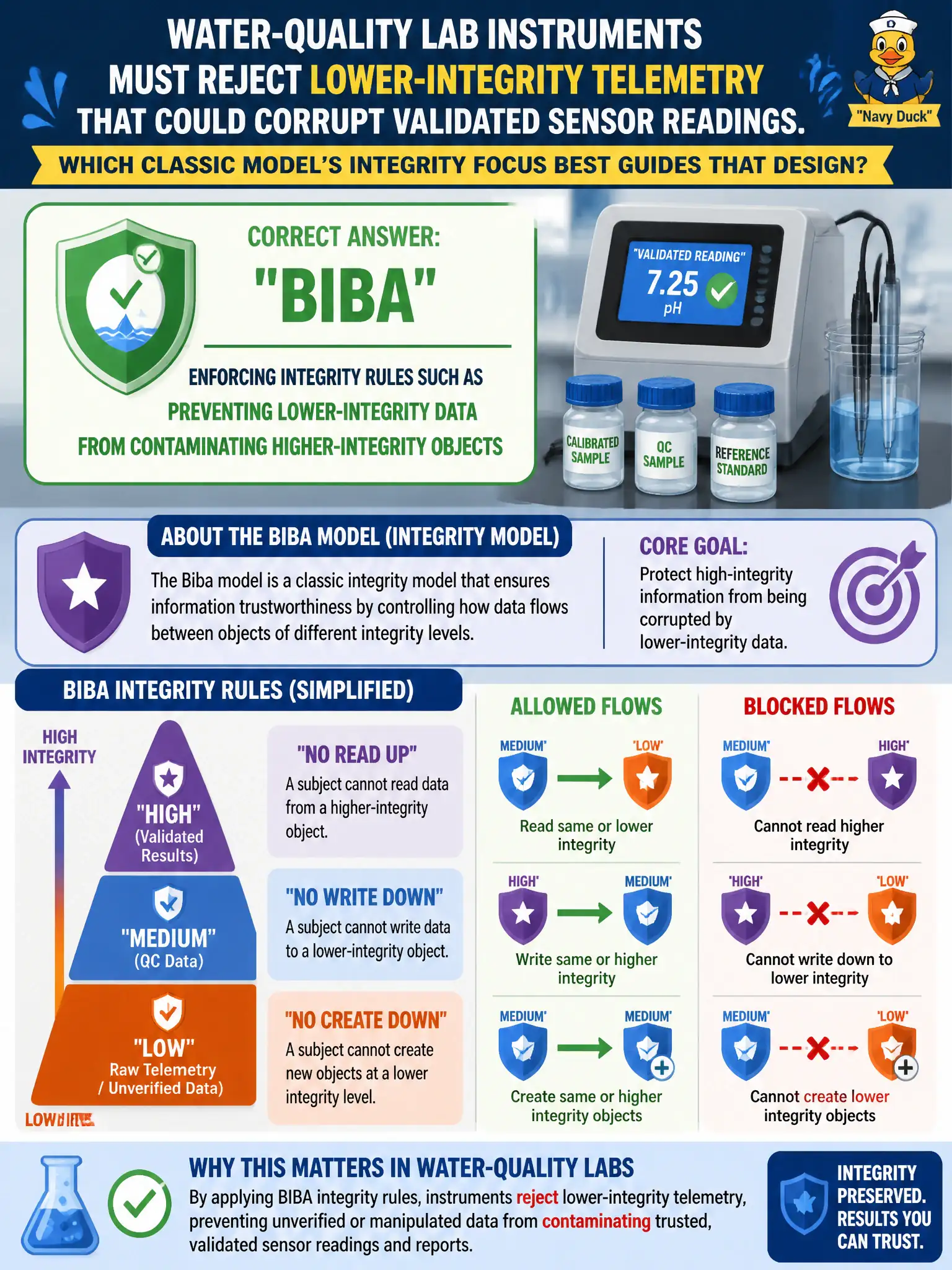 To Create an exciting colorful infographic that explains the concepts in the question: Question: Water-quality lab instruments must reject lower-integrity telemetry that could corrupt validated sensor readings. Which classic model’s integrity focus best guides that design? Correct Answer: Biba, enforcing integrity rules such as preventing lower-integrity data from contaminating higher-integrity objects Put EVERY visible label in double quotes. No people. No A/B/C/D letters. In one of the four corners put a little "Navy Duck".