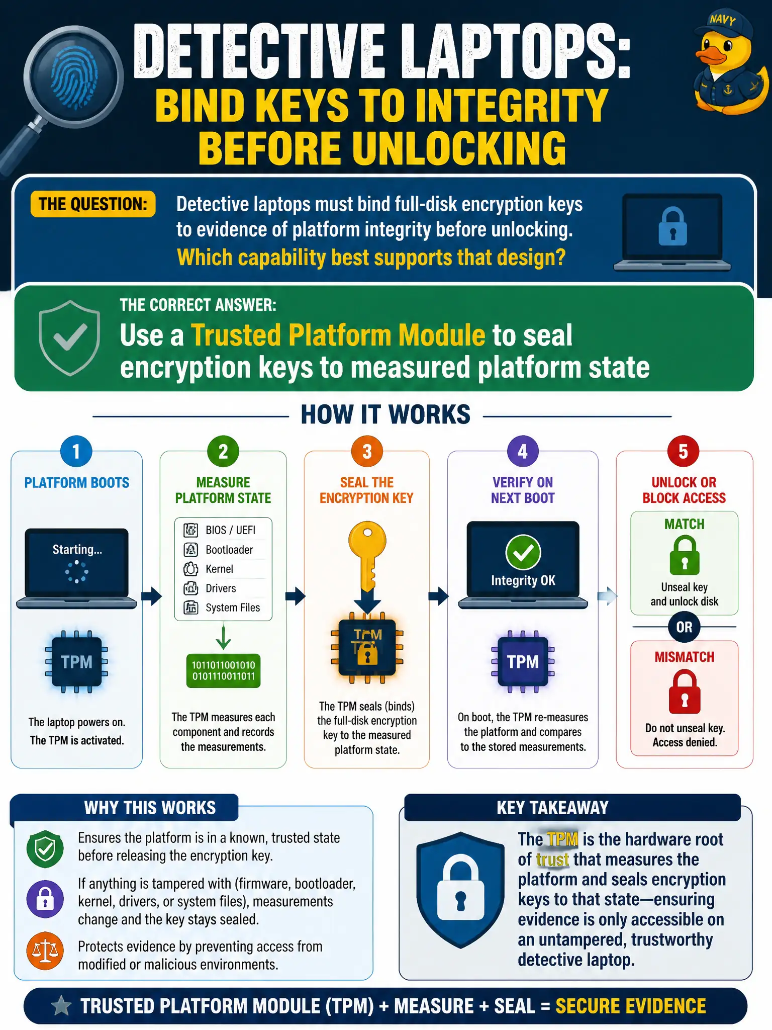 To Create an exciting colorful infographic that explains the concepts in the question: Question: Detective laptops must bind full-disk encryption keys to evidence of platform integrity before unlocking. Which capability best supports that design? Correct Answer: Use a Trusted Platform Module to seal encryption keys to measured platform state Put EVERY visible label in double quotes. No people. No A/B/C/D letters. In one of the four corners put a little "Navy Duck".