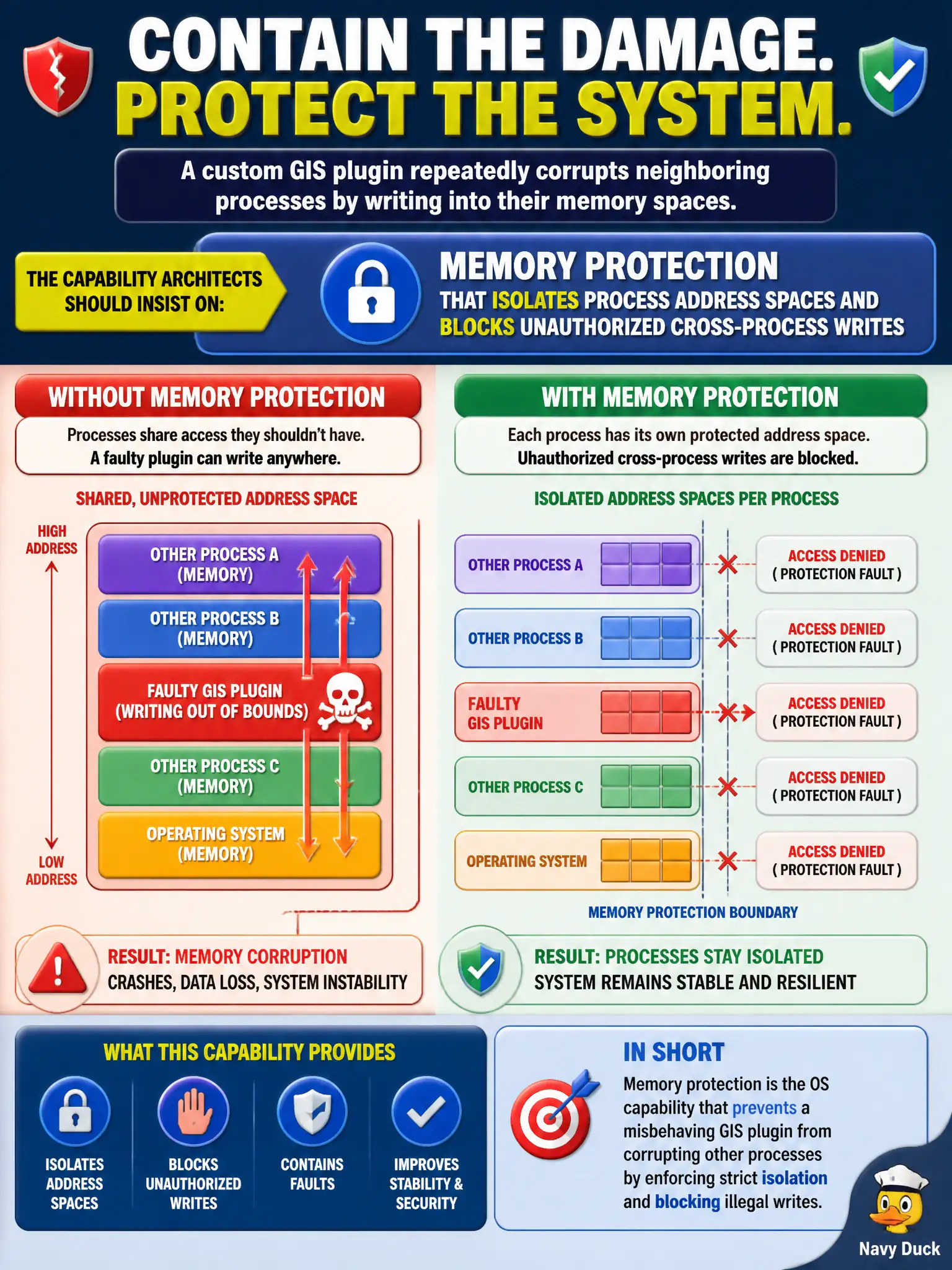 To Create an exciting colorful infographic that explains the concepts in the question: Question: A custom GIS plugin repeatedly corrupts neighboring processes by writing into their memory spaces. Which operating-system capability should architects insist on to contain that class of failure? Correct Answer: Memory protection that isolates process address spaces and blocks unauthorized cross-process writes Put EVERY visible label in double quotes. No people. No A/B/C/D letters. In one of the four corners put a little "Navy Duck".