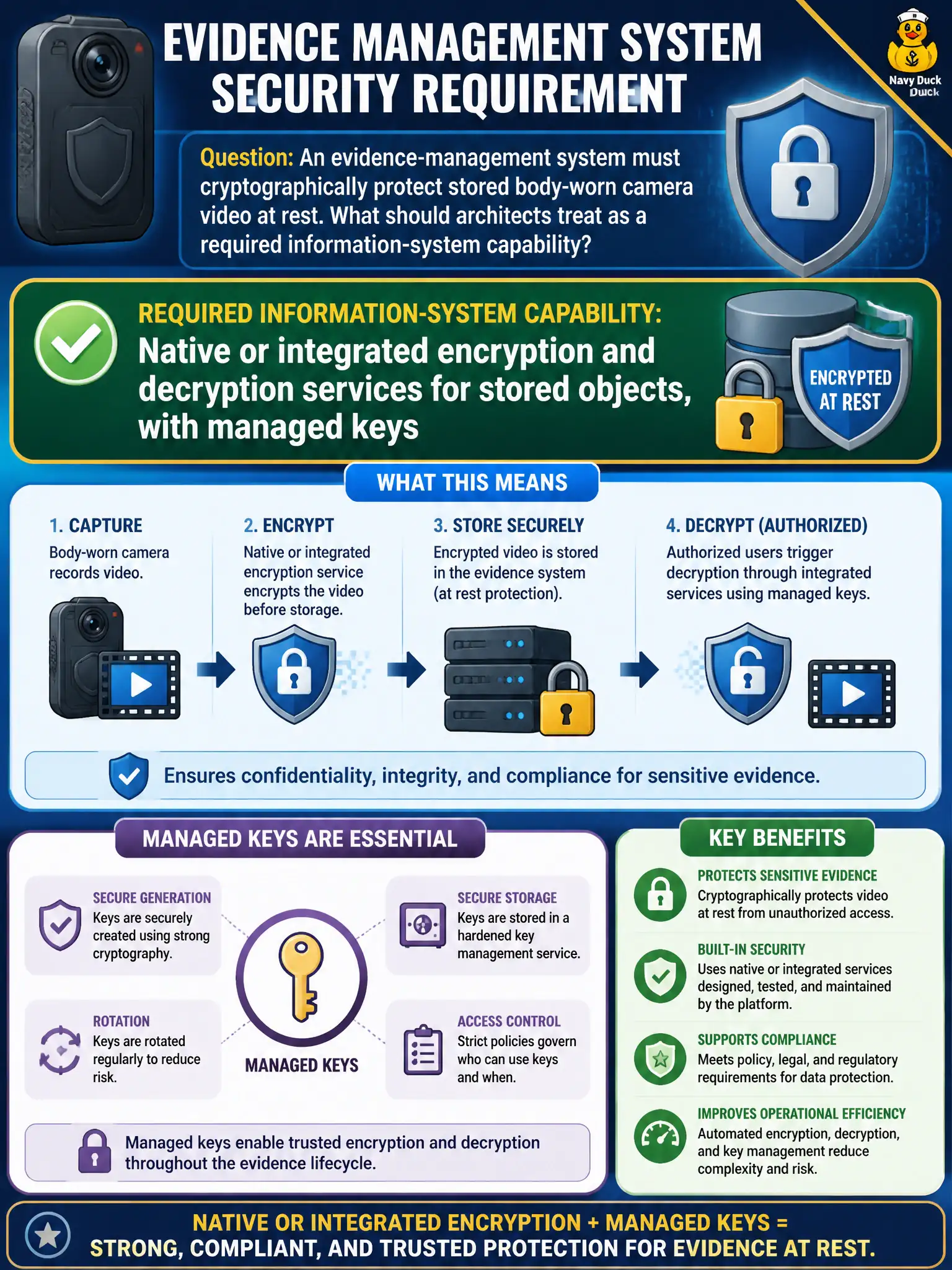 To Create an exciting colorful infographic that explains the concepts in the question: Question: An evidence-management system must cryptographically protect stored body-worn camera video at rest. What should architects treat as a required information-system capability? Correct Answer: Native or integrated encryption and decryption services for stored objects, with managed keys Put EVERY visible label in double quotes. No people. No A/B/C/D letters. In one of the four corners put a little "Navy Duck".