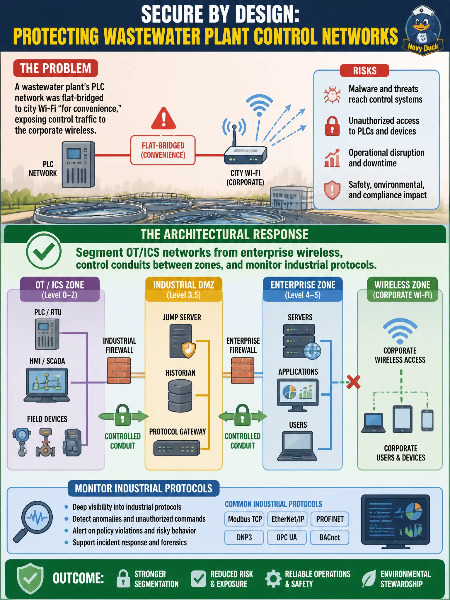 To Create an exciting colorful infographic that explains the concepts in the question: Question: A wastewater plant's PLC network was flat-bridged to city Wi-Fi "for convenience," exposing control traffic to the corporate wireless. What architectural response is most appropriate? Correct Answer: Segment OT/ICS networks from enterprise wireless, control conduits between zones, and monitor industrial protocols Put EVERY visible label in double quotes. No people. No A/B/C/D letters. In one of the four corners put a little "Navy Duck".