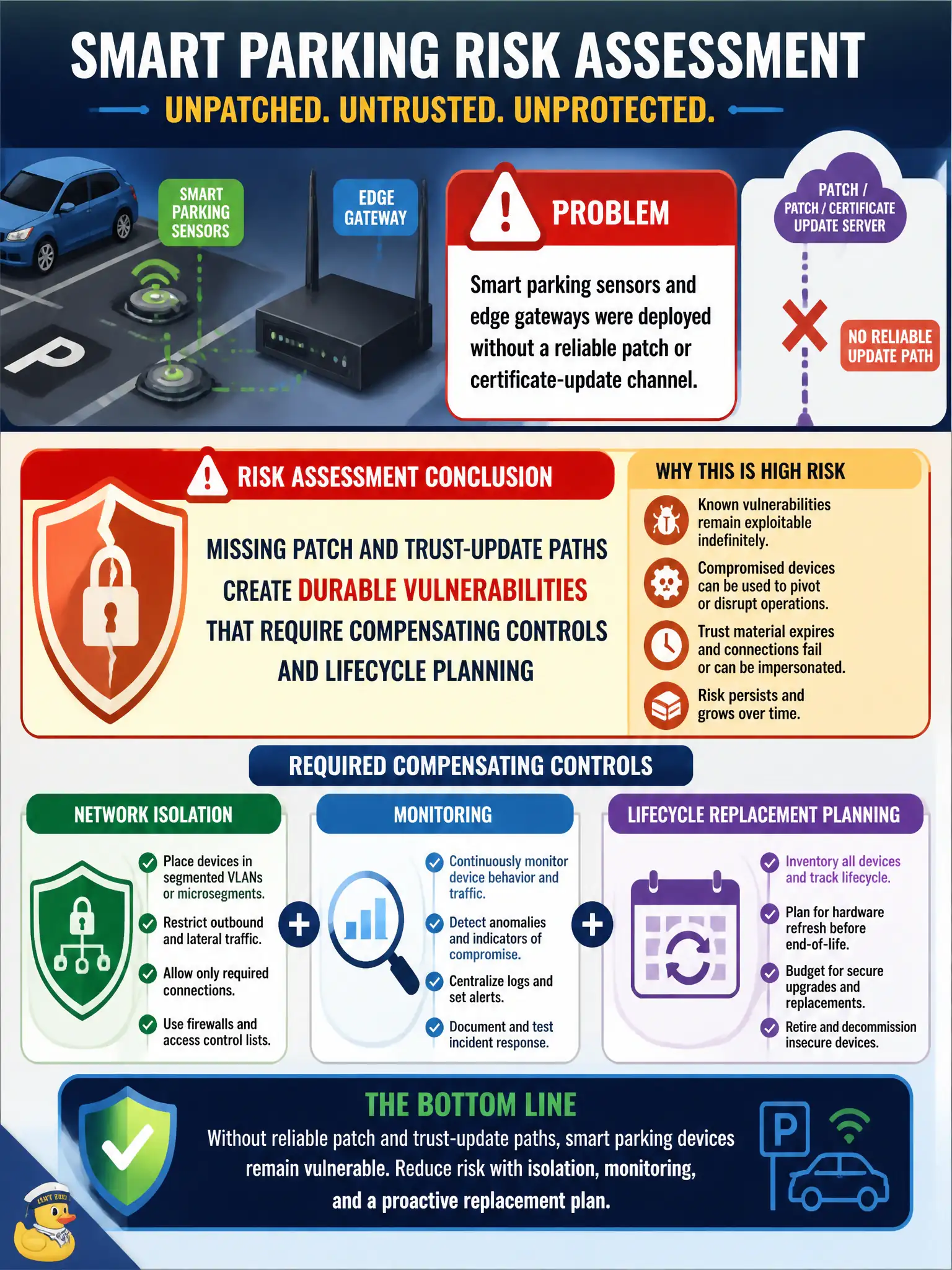 To Create an exciting colorful infographic that explains the concepts in the question: Question: Smart parking sensors and edge gateways were deployed without a reliable patch or certificate-update channel. What risk assessment conclusion is most accurate? Correct Answer: Missing patch and trust-update paths create durable vulnerabilities that require compensating network isolation, monitoring, and lifecycle replacement planning Put EVERY visible label in double quotes. No people. No A/B/C/D letters. In one of the four corners put a little "Navy Duck".
