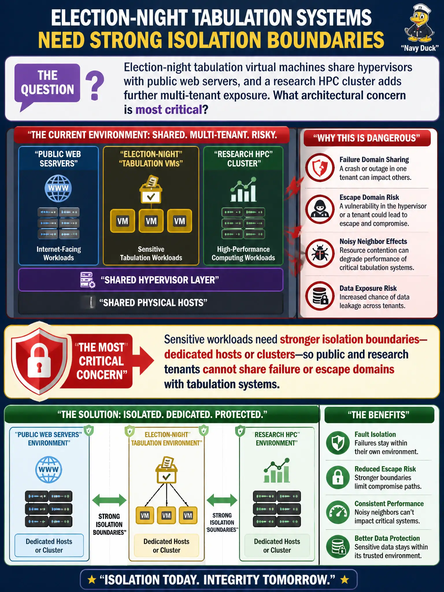 To Create an exciting colorful infographic that explains the concepts in the question: Question: Election-night tabulation virtual machines share hypervisors with public web servers, and a research HPC cluster adds further multi-tenant exposure. What architectural concern is most critical? Correct Answer: Sensitive workloads need stronger isolation boundaries—dedicated hosts or clusters—so public and research tenants cannot share failure or escape domains with tabulation systems Put EVERY visible label in double quotes. No people. No A/B/C/D letters. In one of the four corners put a little "Navy Duck".