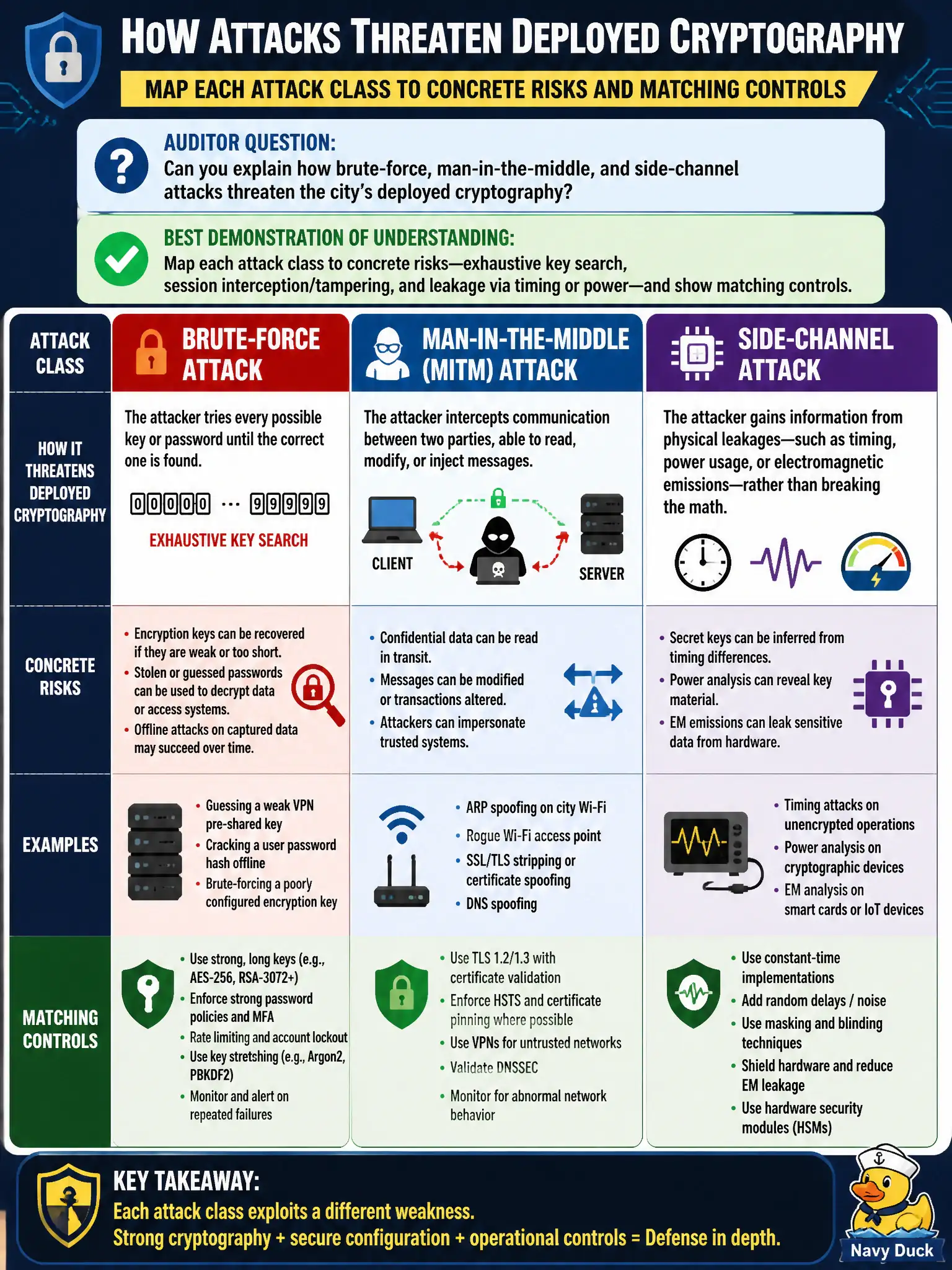 To Create an exciting colorful infographic that explains the concepts in the question: Question: An auditor asks whether the city can explain how brute-force, man-in-the-middle, and side-channel attacks threaten its deployed cryptography. What is the best demonstration of that understanding? Correct Answer: Map each attack class to concrete risks—exhaustive key search, session interception/tampering, and leakage via timing or power—and show matching controls. Put EVERY visible label in double quotes. No people. No A/B/C/D letters. In one of the four corners put a little "Navy Duck".
