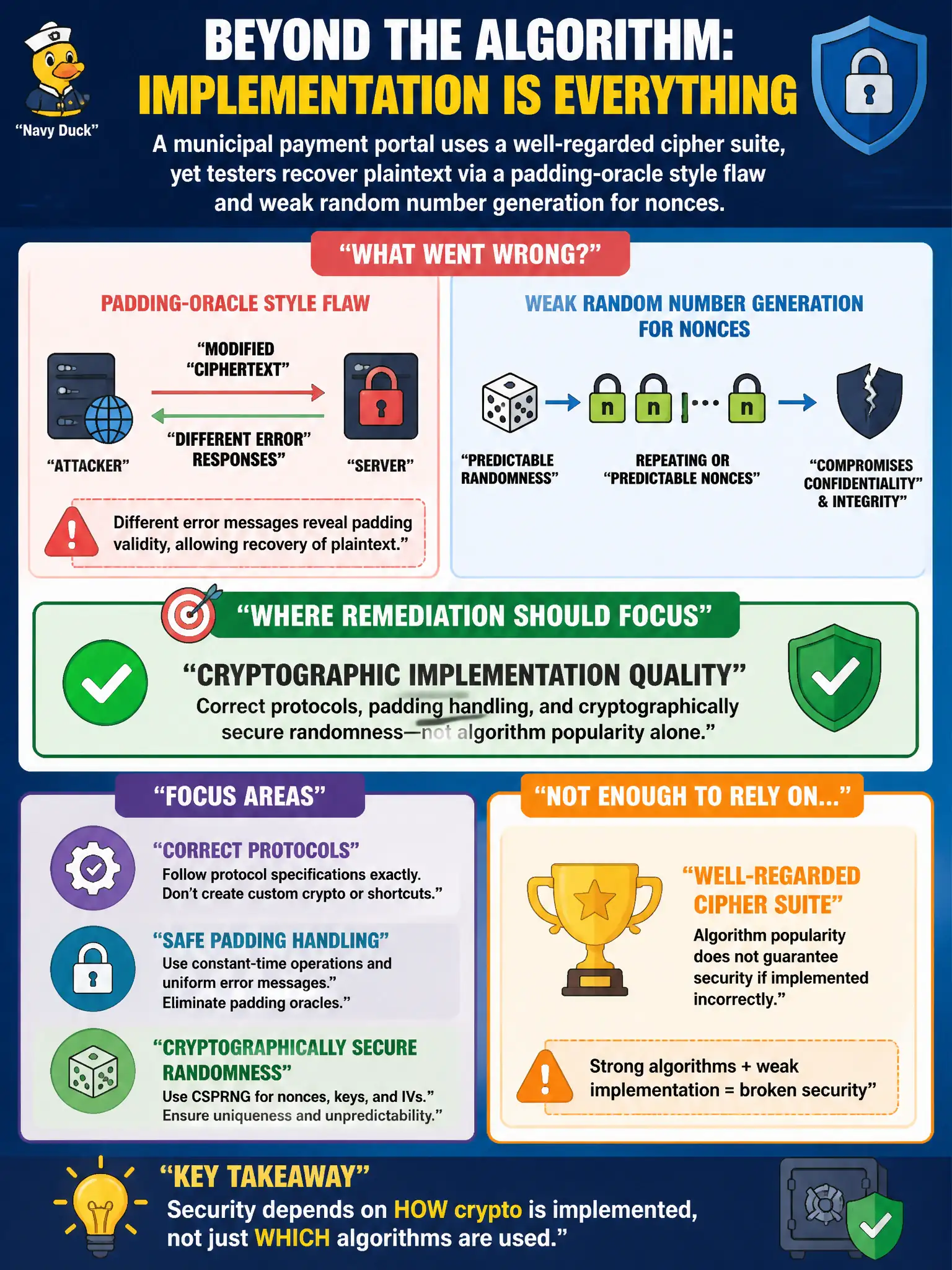 To Create an exciting colorful infographic that explains the concepts in the question: Question: A municipal payment portal uses a well-regarded cipher suite, yet testers recover plaintext via a padding-oracle style flaw and weak random number generation for nonces. Where should remediation focus? Correct Answer: Cryptographic implementation quality—correct protocols, padding handling, and cryptographically secure randomness—not algorithm popularity alone. Put EVERY visible label in double quotes. No people. No A/B/C/D letters. In one of the four corners put a little "Navy Duck".