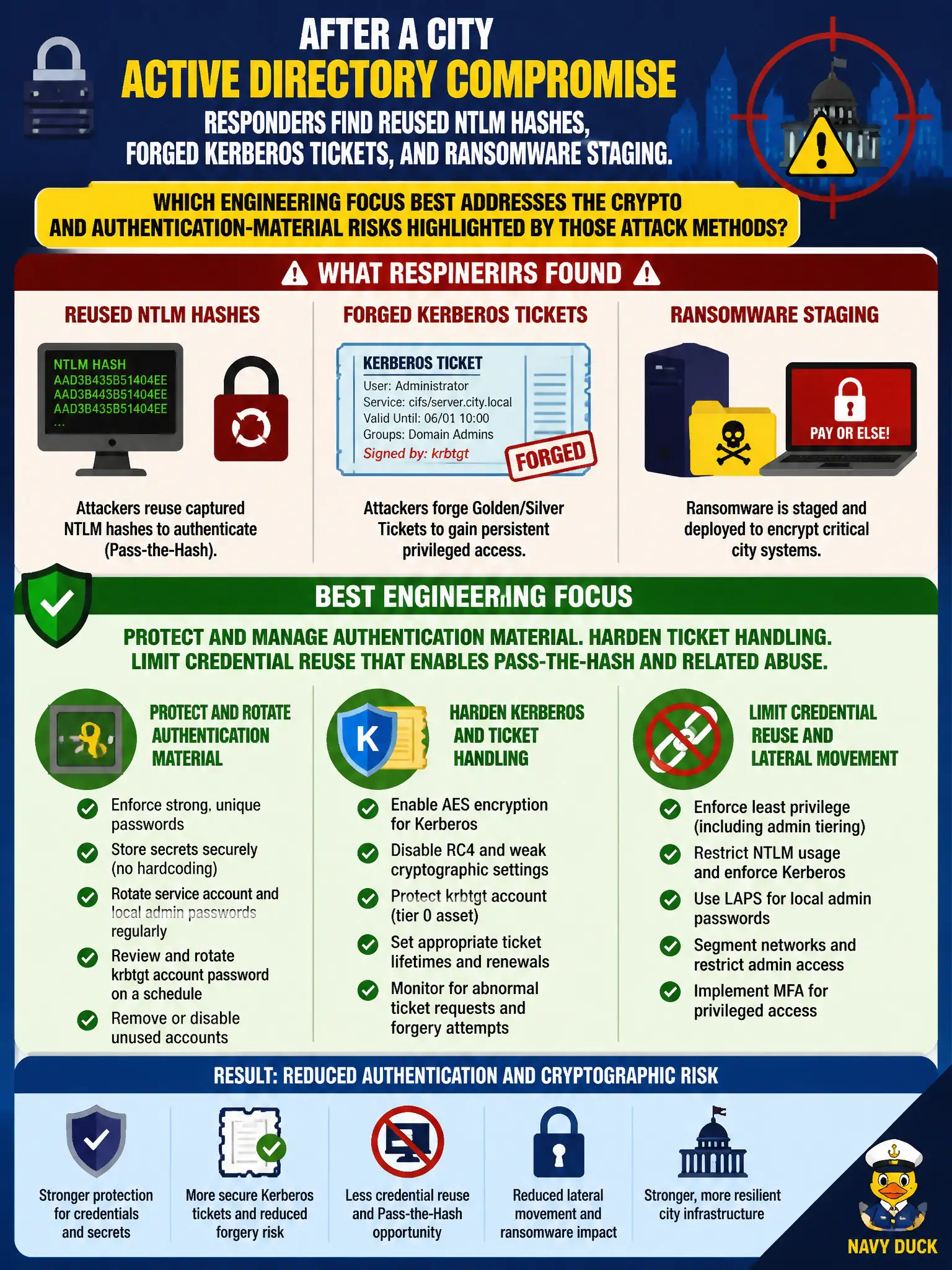 To Create an exciting colorful infographic that explains the concepts in the question: Question: After a city Active Directory compromise, responders find reused NTLM hashes, forged Kerberos tickets, and ransomware staging. Which engineering focus best addresses the crypto and authentication-material risks highlighted by those attack methods? Correct Answer: Protecting and rotating authentication material, hardening Kerberos/ticket handling, and limiting credential reuse that enables pass-the-hash and related abuse. Put EVERY visible label in double quotes. No people. No A/B/C/D letters. In one of the four corners put a little "Navy Duck".