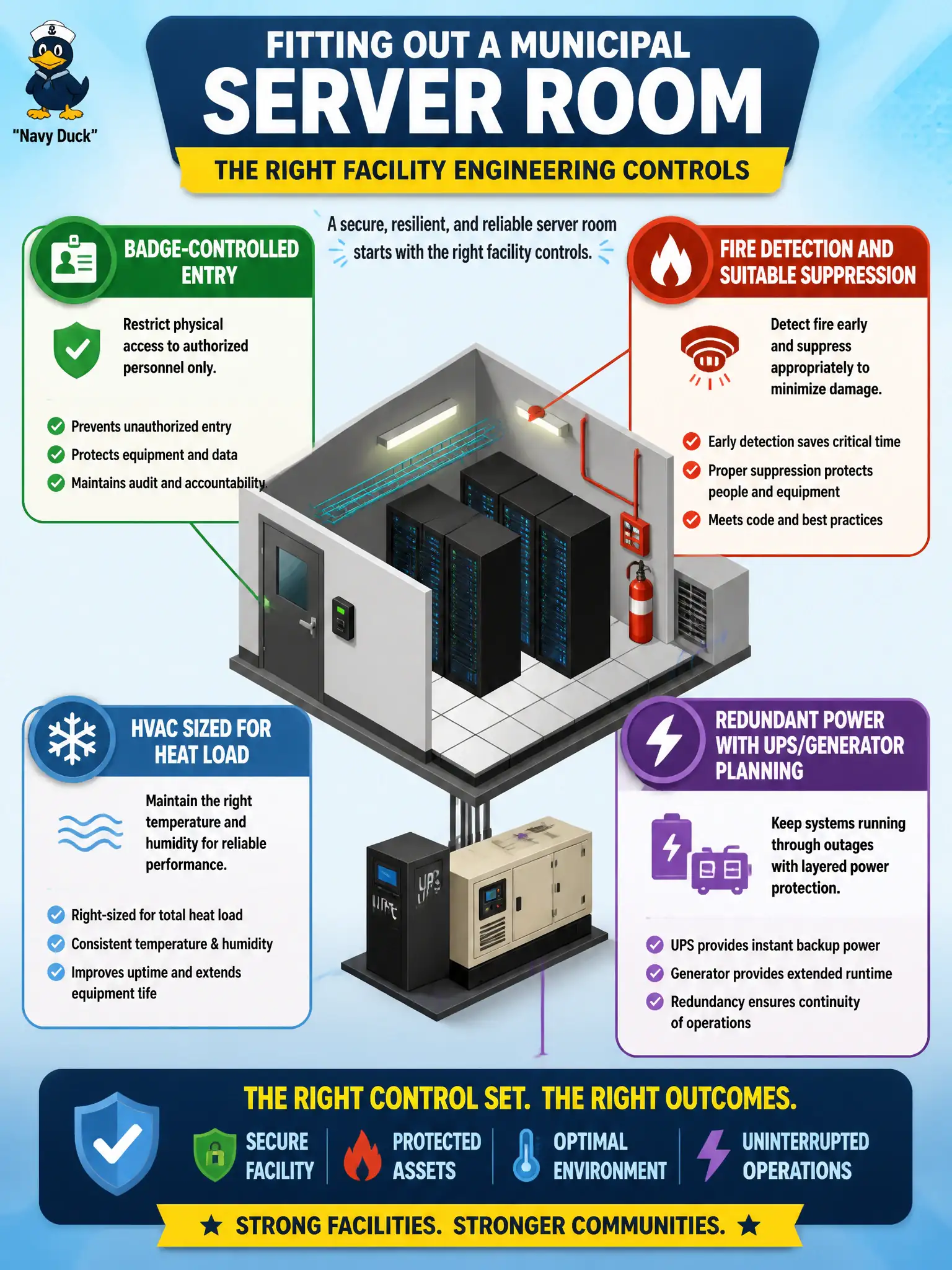 To Create an exciting colorful infographic that explains the concepts in the question: Question: A county is fitting out a municipal server room. Which control set best reflects appropriate facility engineering for that space? Correct Answer: Badge-controlled entry, fire detection and suitable suppression, HVAC sized for heat load, and redundant power with UPS/generator planning. Put EVERY visible label in double quotes. No people. No A/B/C/D letters. In one of the four corners put a little "Navy Duck".
