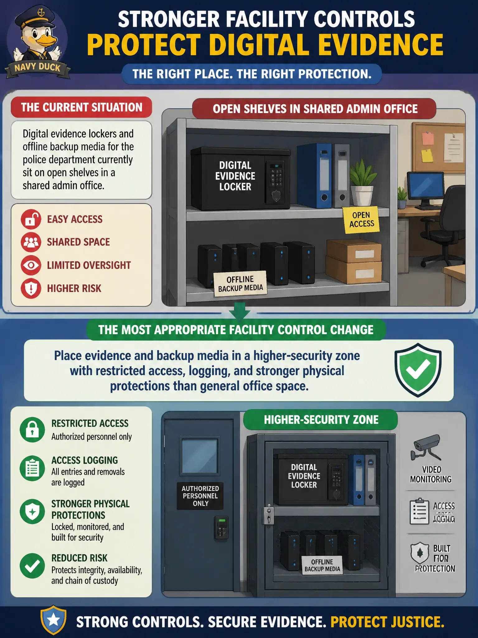 To Create an exciting colorful infographic that explains the concepts in the question: Question: Digital evidence lockers and offline backup media for the police department currently sit on open shelves in a shared admin office. What facility control change is most appropriate? Correct Answer: Place evidence and backup media in a higher-security zone with restricted access, logging, and stronger physical protections than general office space. Put EVERY visible label in double quotes. No people. No A/B/C/D letters. In one of the four corners put a little "Navy Duck".
