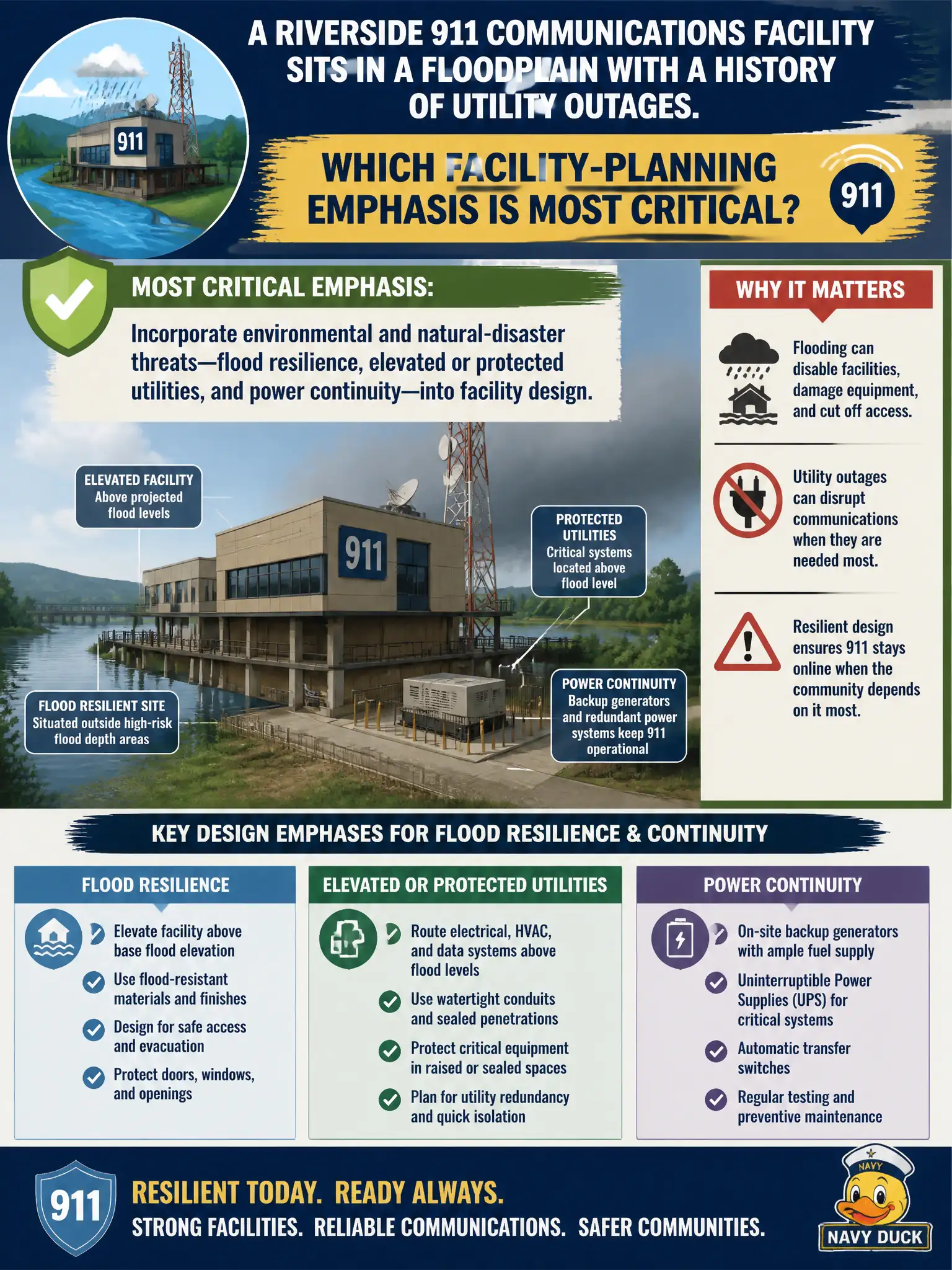 To Create an exciting colorful infographic that explains the concepts in the question: Question: A riverside 911 communications facility sits in a floodplain with a history of utility outages. Which facility-planning emphasis is most critical? Correct Answer: Incorporate environmental and natural-disaster threats—flood resilience, elevated or protected utilities, and power continuity—into facility design. Put EVERY visible label in double quotes. No people. No A/B/C/D letters. In one of the four corners put a little "Navy Duck".