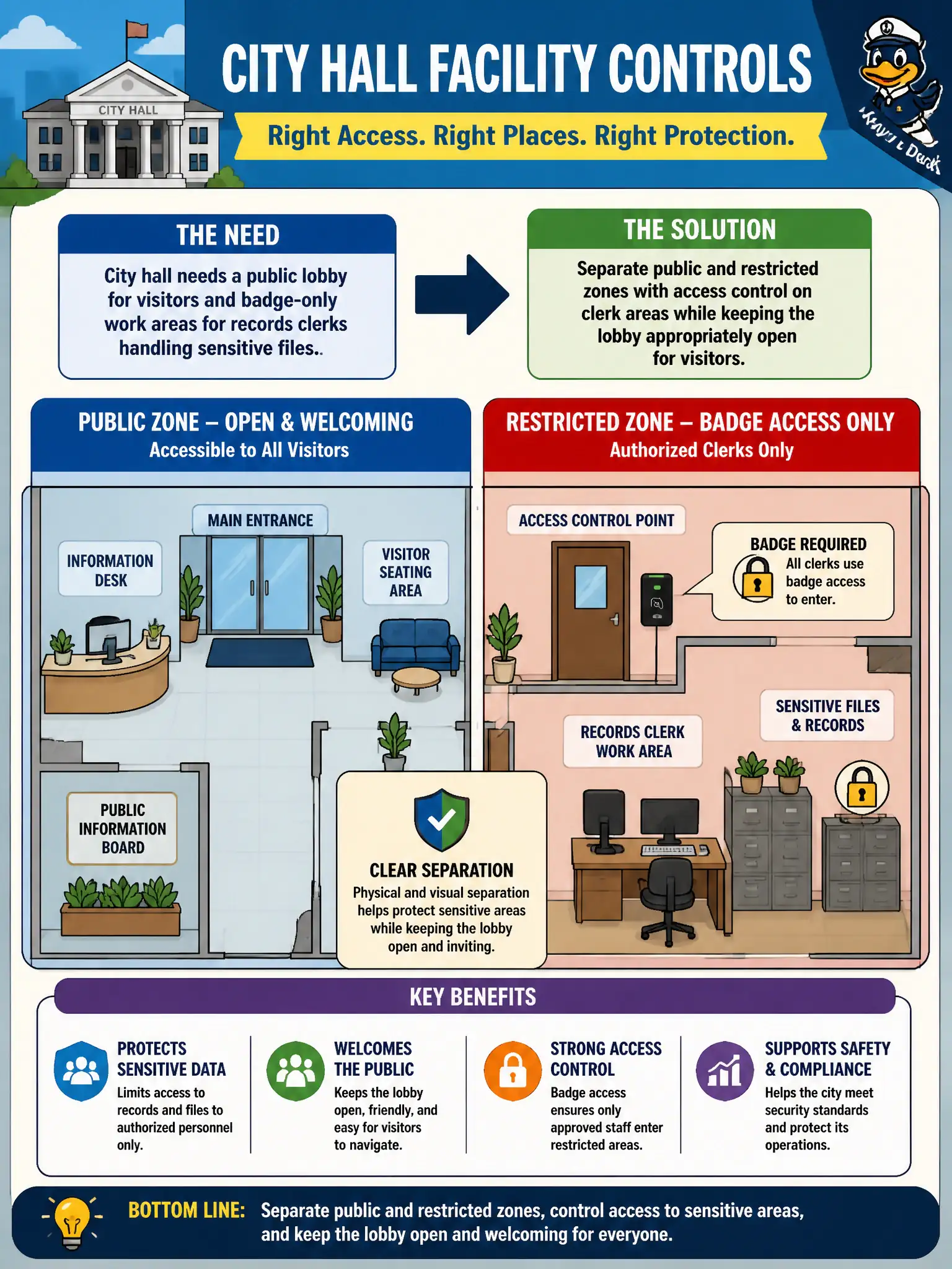 To Create an exciting colorful infographic that explains the concepts in the question: Question: City hall needs a public lobby for visitors and badge-only work areas for records clerks handling sensitive files. How should facility controls be designed? Correct Answer: Separate public and restricted zones with access control on clerk areas while keeping the lobby appropriately open for visitors. Put EVERY visible label in double quotes. No people. No A/B/C/D letters. In one of the four corners put a little "Navy Duck".