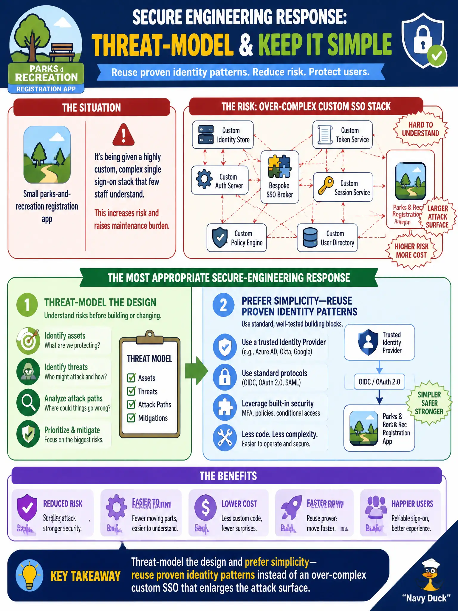 To Create an exciting colorful infographic that explains the concepts in the question: Question: A small parks-and-recreation registration app is being given a highly custom, complex single sign-on stack that few staff understand. What secure-engineering response is most appropriate? Correct Answer: Threat-model the design and prefer simplicity—reuse proven identity patterns instead of an over-complex custom SSO that enlarges the attack surface. Put EVERY visible label in double quotes. No people. No A/B/C/D letters. In one of the four corners put a little "Navy Duck".