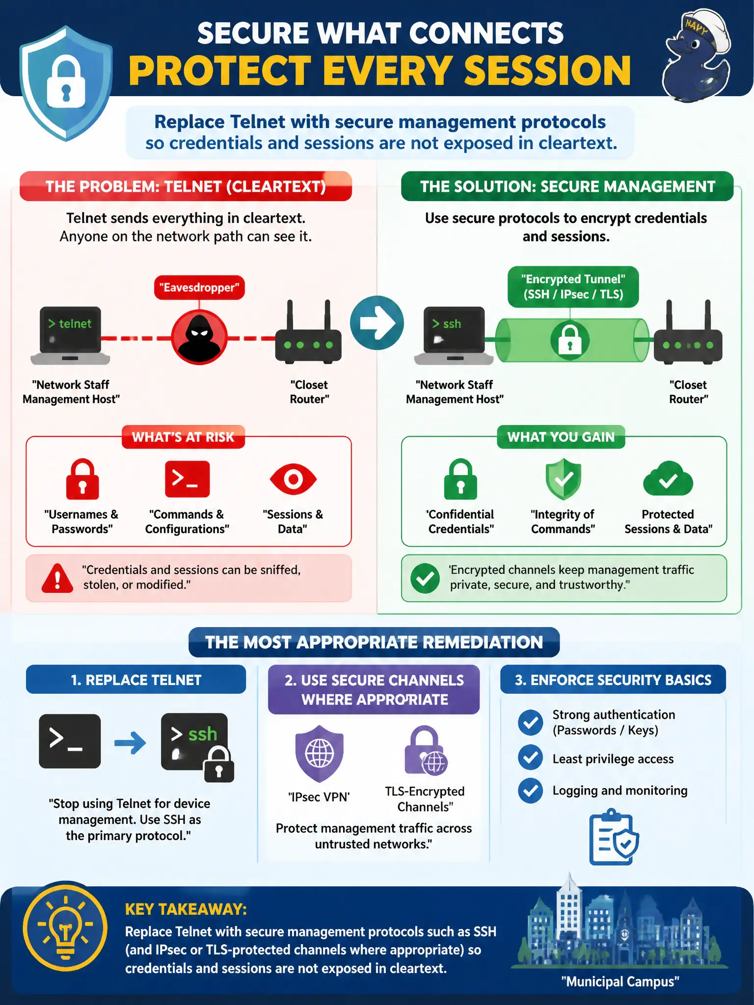 To Create an exciting colorful infographic that explains the concepts in the question: Question: Network staff still use cleartext Telnet to manage closet routers for a municipal campus. What is the most appropriate remediation? Correct Answer: Replace Telnet with secure management protocols such as SSH (and IPsec or TLS-protected channels where appropriate) so credentials and sessions are not exposed in cleartext. Put EVERY visible label in double quotes. No people. No A/B/C/D letters. In one of the four corners put a little "Navy Duck".