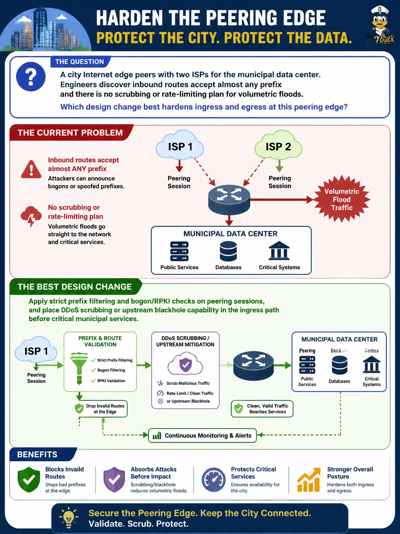To Create an exciting colorful infographic that explains the concepts in the question: Question: A city Internet edge peers with two ISPs for the municipal data center. Engineers discover inbound routes accept almost any prefix and there is no scrubbing or rate-limiting plan for volumetric floods. Which design change best hardens ingress and egress at this peering edge? Correct Answer: Apply strict prefix filtering and bogon/RPKI checks on peering sessions, and place DDoS scrubbing or upstream blackhole capability in the ingress path before critical municipal services. Put EVERY visible label in double quotes. No people. No A/B/C/D letters. In one of the four corners put a little "Navy Duck".