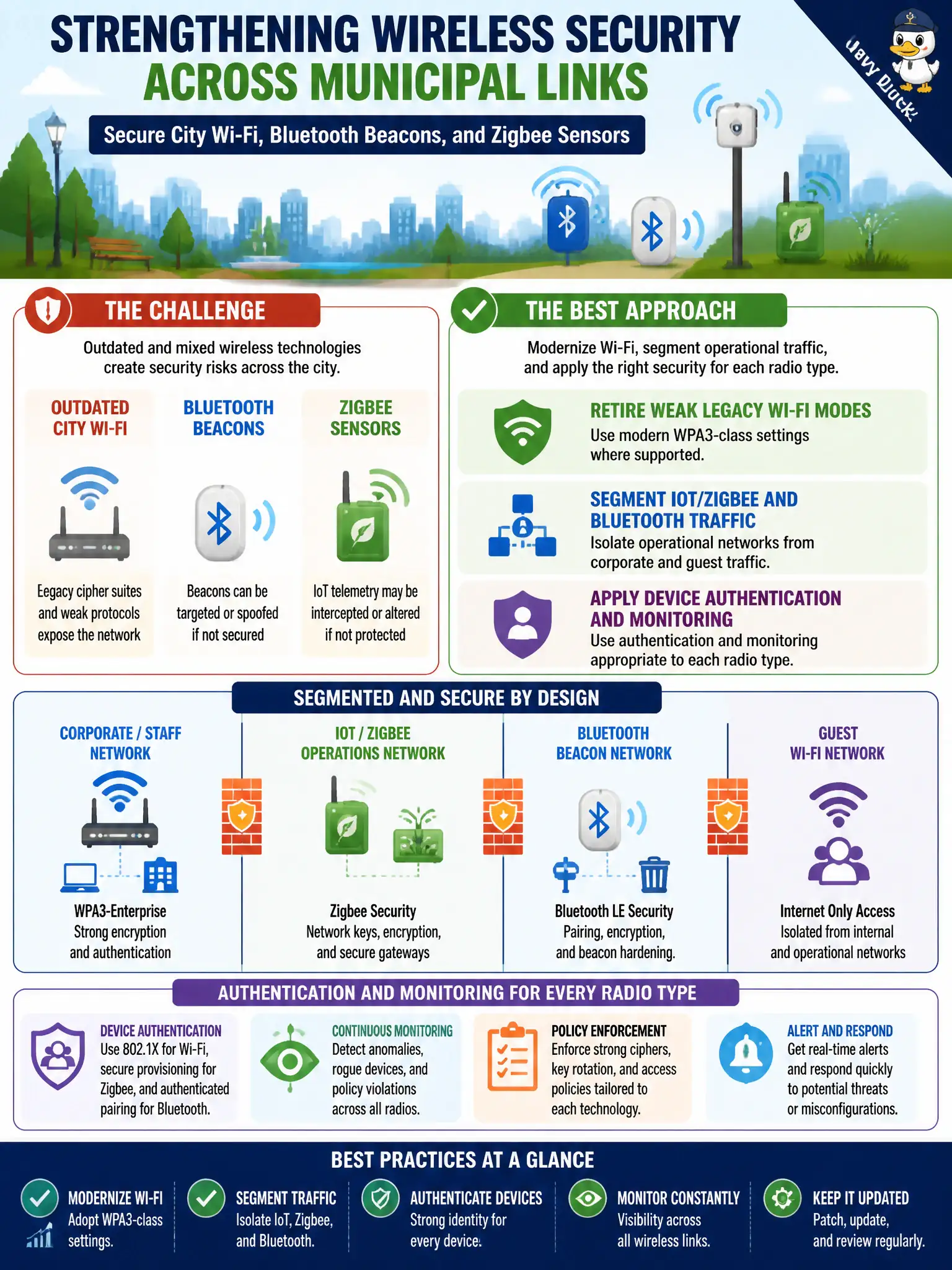 To Create an exciting colorful infographic that explains the concepts in the question: Question: A parks department still runs city Wi-Fi with outdated cipher suites, while field crews also deploy Bluetooth beacons and Zigbee sensors for irrigation telemetry. Which approach best strengthens wireless security across these municipal links? Correct Answer: Retire weak legacy Wi-Fi modes in favor of modern WPA3-class settings where supported, segment IoT/Zigbee and Bluetooth operational traffic, and apply device authentication and monitoring appropriate to each radio type. Put EVERY visible label in double quotes. No people. No A/B/C/D letters. In one of the four corners put a little "Navy Duck".