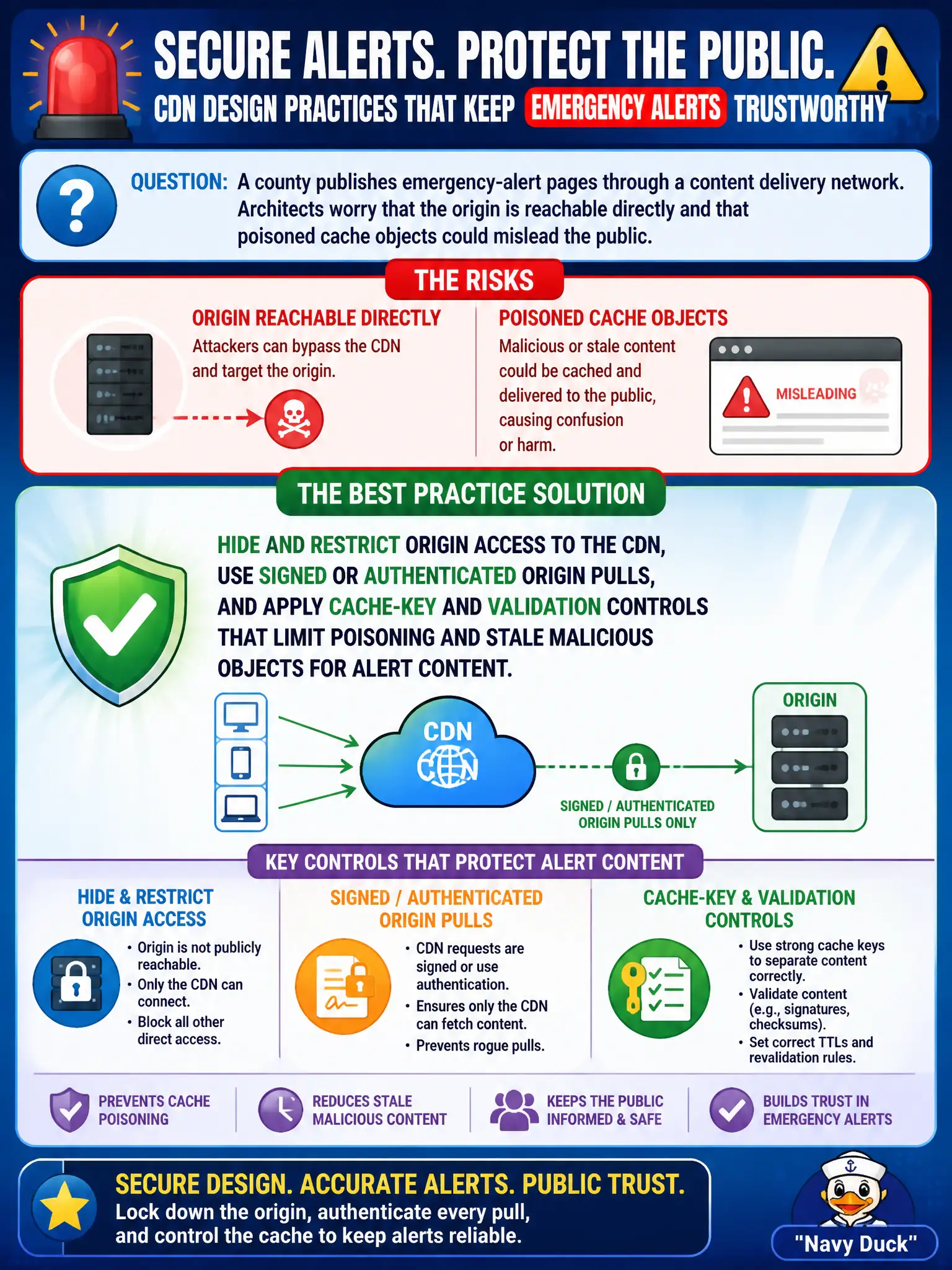 To Create an exciting colorful infographic that explains the concepts in the question: Question: A county publishes emergency-alert pages through a content delivery network. Architects worry that the origin is reachable directly and that poisoned cache objects could mislead the public. Which CDN design practice best addresses those concerns? Correct Answer: Hide and restrict origin access to the CDN, use signed or authenticated origin pulls, and apply cache-key and validation controls that limit poisoning and stale malicious objects for alert content. Put EVERY visible label in double quotes. No people. No A/B/C/D letters. In one of the four corners put a little "Navy Duck".