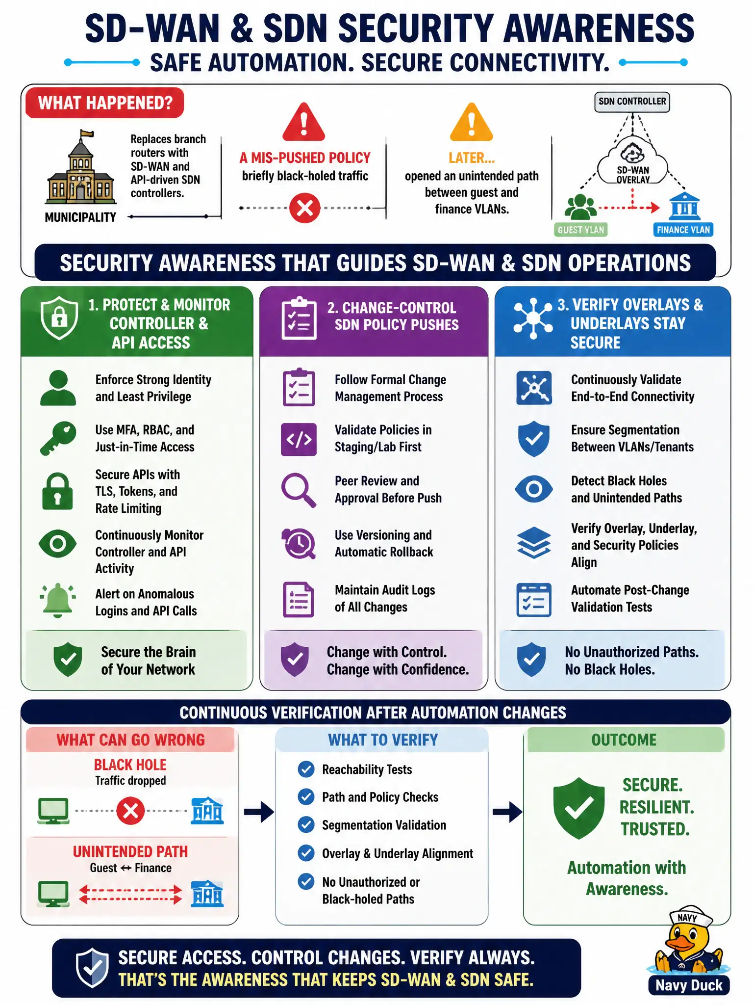 To Create an exciting colorful infographic that explains the concepts in the question: Question: A municipality replaces branch routers with SD-WAN and API-driven SDN controllers. A mis-pushed policy briefly black-holed traffic and later opened an unintended path between guest and finance VLANs. Which security awareness should guide ongoing SD-WAN and SDN operations? Correct Answer: Protect and monitor controller and API access, change-control SDN policy pushes, and verify that overlays and underlays cannot create unauthorized or black-holed paths after automation changes. Put EVERY visible label in double quotes. No people. No A/B/C/D letters. In one of the four corners put a little "Navy Duck".