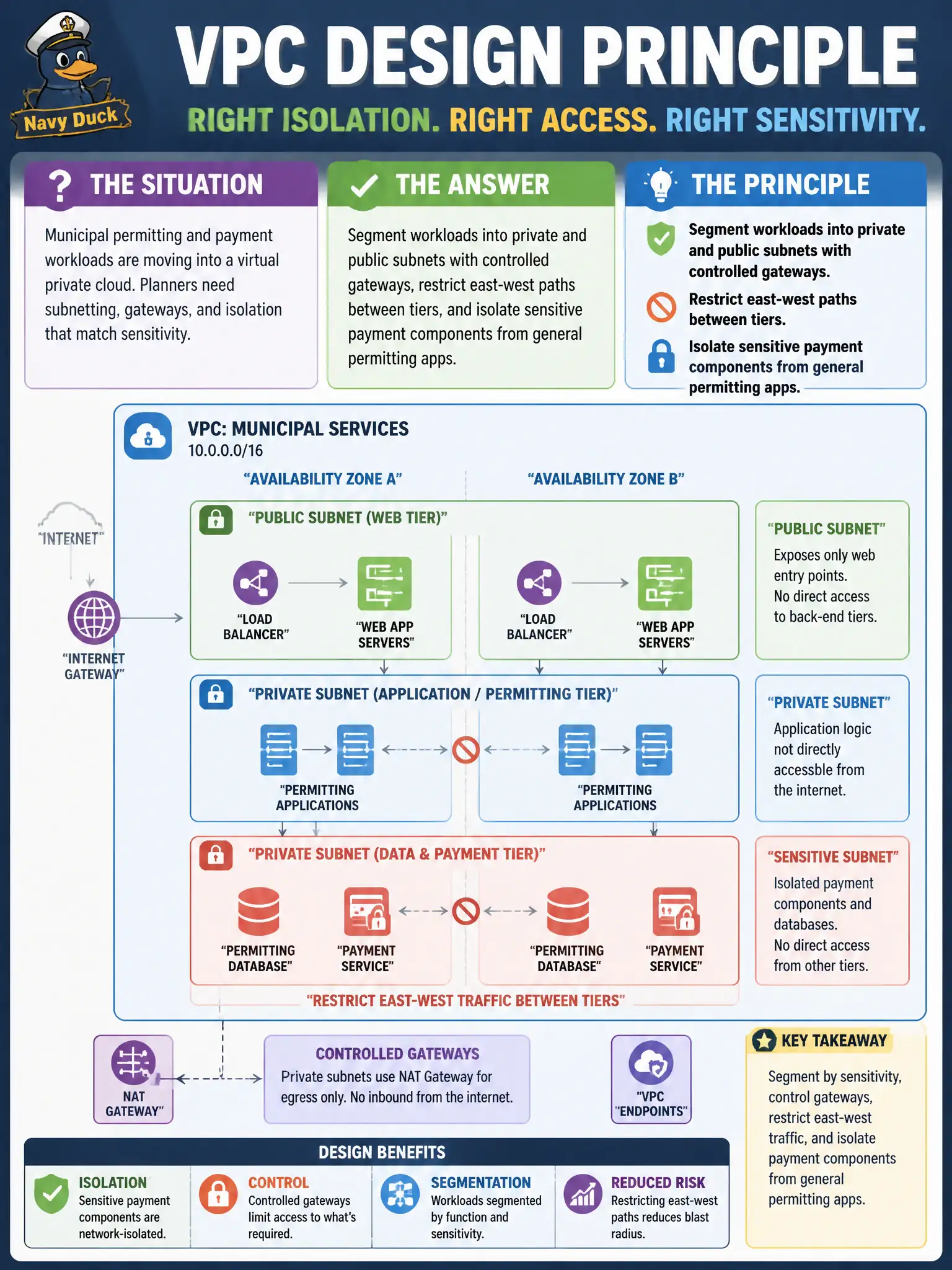 To Create an exciting colorful infographic that explains the concepts in the question: Question: Municipal permitting and payment workloads are moving into a virtual private cloud. Planners need subnetting, gateways, and isolation that match sensitivity. Which VPC design principle is most appropriate? Correct Answer: Segment workloads into private and public subnets with controlled gateways, restrict east-west paths between tiers, and isolate sensitive payment components from general permitting apps. Put EVERY visible label in double quotes. No people. No A/B/C/D letters. In one of the four corners put a little "Navy Duck".
