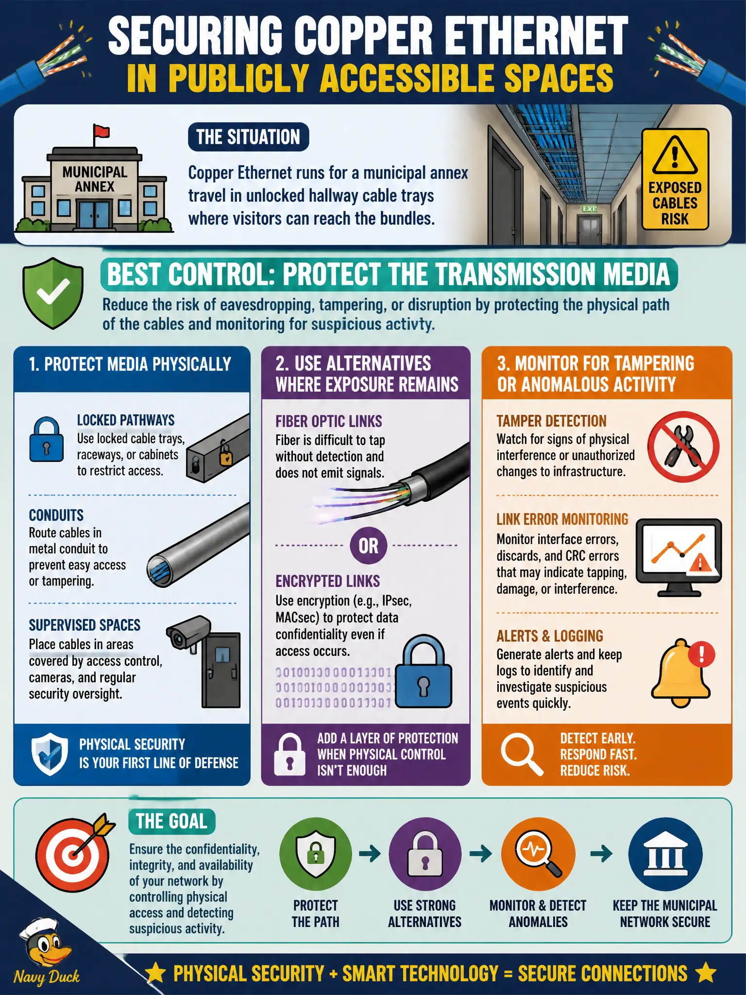 To Create an exciting colorful infographic that explains the concepts in the question: Question: Copper Ethernet runs for a municipal annex travel in unlocked hallway cable trays where visitors can reach the bundles. Which control best addresses transmission-media risk? Correct Answer: Protect media physically (locked pathways, conduits, or supervised spaces), consider fiber or encrypted links where exposure remains, and monitor for tampering or anomalous link errors. Put EVERY visible label in double quotes. No people. No A/B/C/D letters. In one of the four corners put a little "Navy Duck".