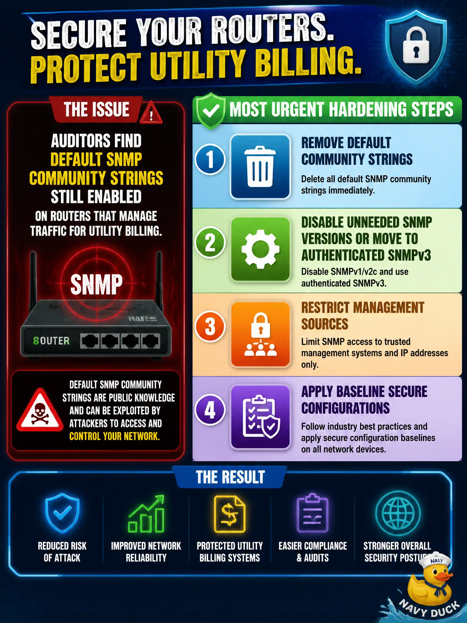 To Create an exciting colorful infographic that explains the concepts in the question: Question: Auditors find default SNMP community strings still enabled on routers that manage traffic for utility billing. Which hardening step is most urgent? Correct Answer: Remove default community strings, disable unneeded SNMP versions or move to authenticated SNMPv3, restrict management sources, and apply baseline secure configurations on network devices. Put EVERY visible label in double quotes. No people. No A/B/C/D letters. In one of the four corners put a little "Navy Duck".