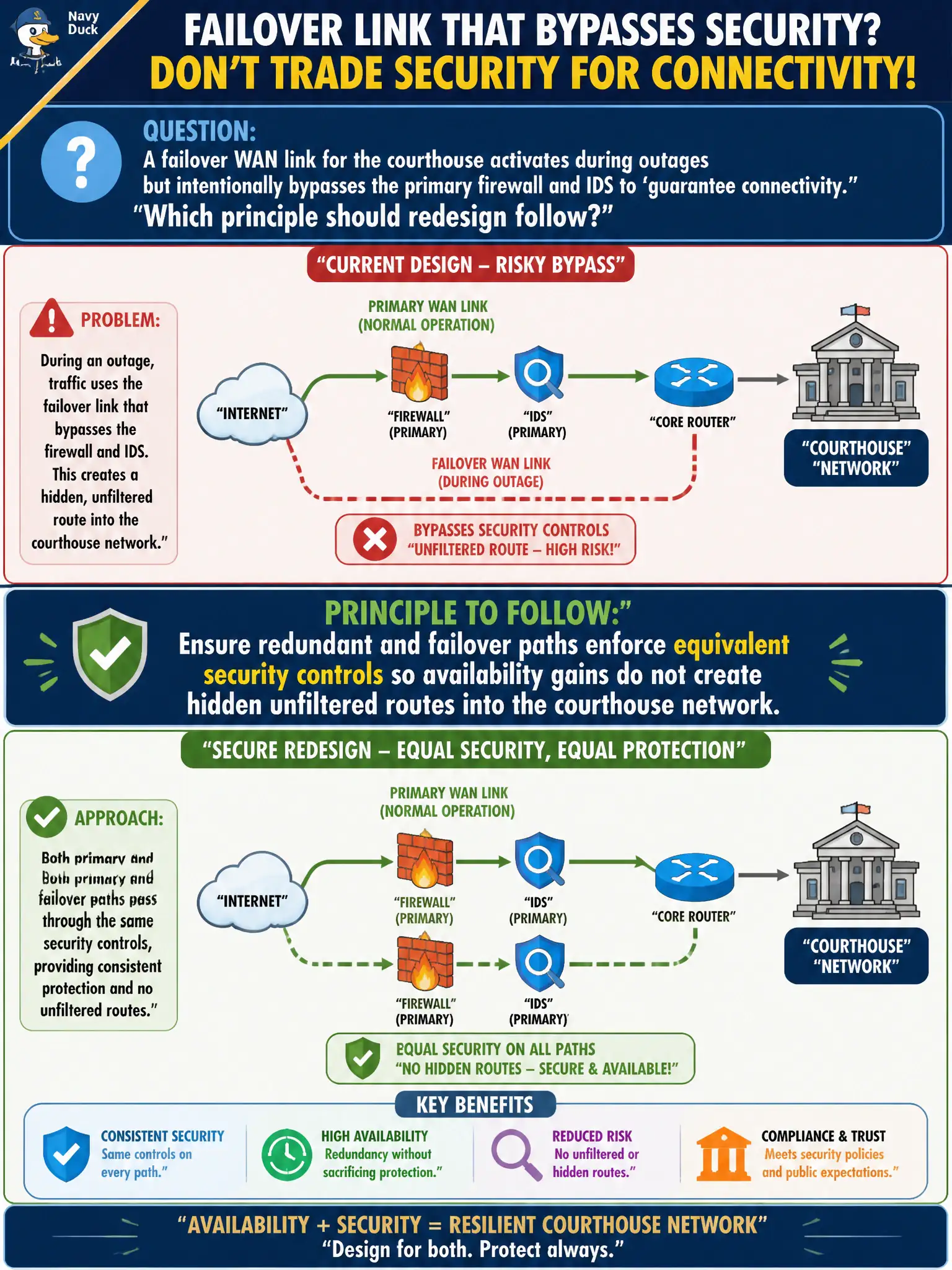 To Create an exciting colorful infographic that explains the concepts in the question: Question: A failover WAN link for the courthouse activates during outages but intentionally bypasses the primary firewall and IDS to 'guarantee connectivity.' Which principle should redesign follow? Correct Answer: Ensure redundant and failover paths enforce equivalent security controls so availability gains do not create hidden unfiltered routes into the courthouse network. Put EVERY visible label in double quotes. No people. No A/B/C/D letters. In one of the four corners put a little "Navy Duck".