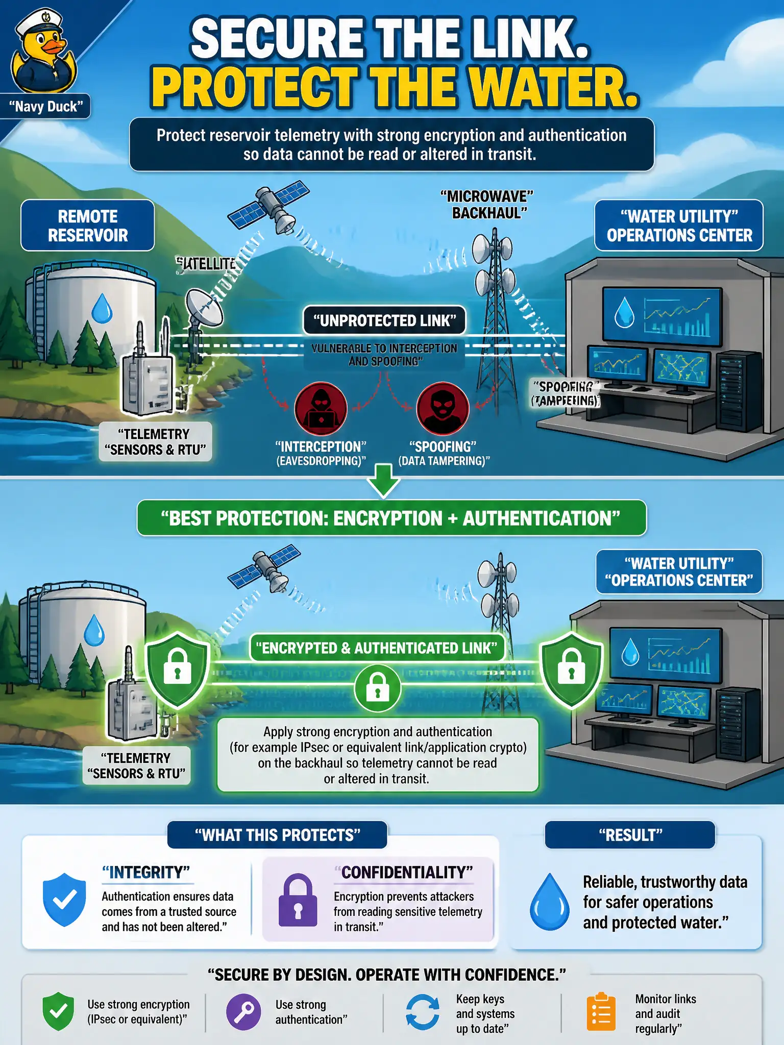 To Create an exciting colorful infographic that explains the concepts in the question: Question: A water utility’s remote reservoirs rely on satellite and microwave backhaul that can be intercepted or spoofed. Which protection best addresses integrity and confidentiality for that data path? Correct Answer: Apply strong encryption and authentication (for example IPsec or equivalent link/application crypto) on the backhaul so telemetry cannot be read or altered in transit. Put EVERY visible label in double quotes. No people. No A/B/C/D letters. In one of the four corners put a little "Navy Duck".