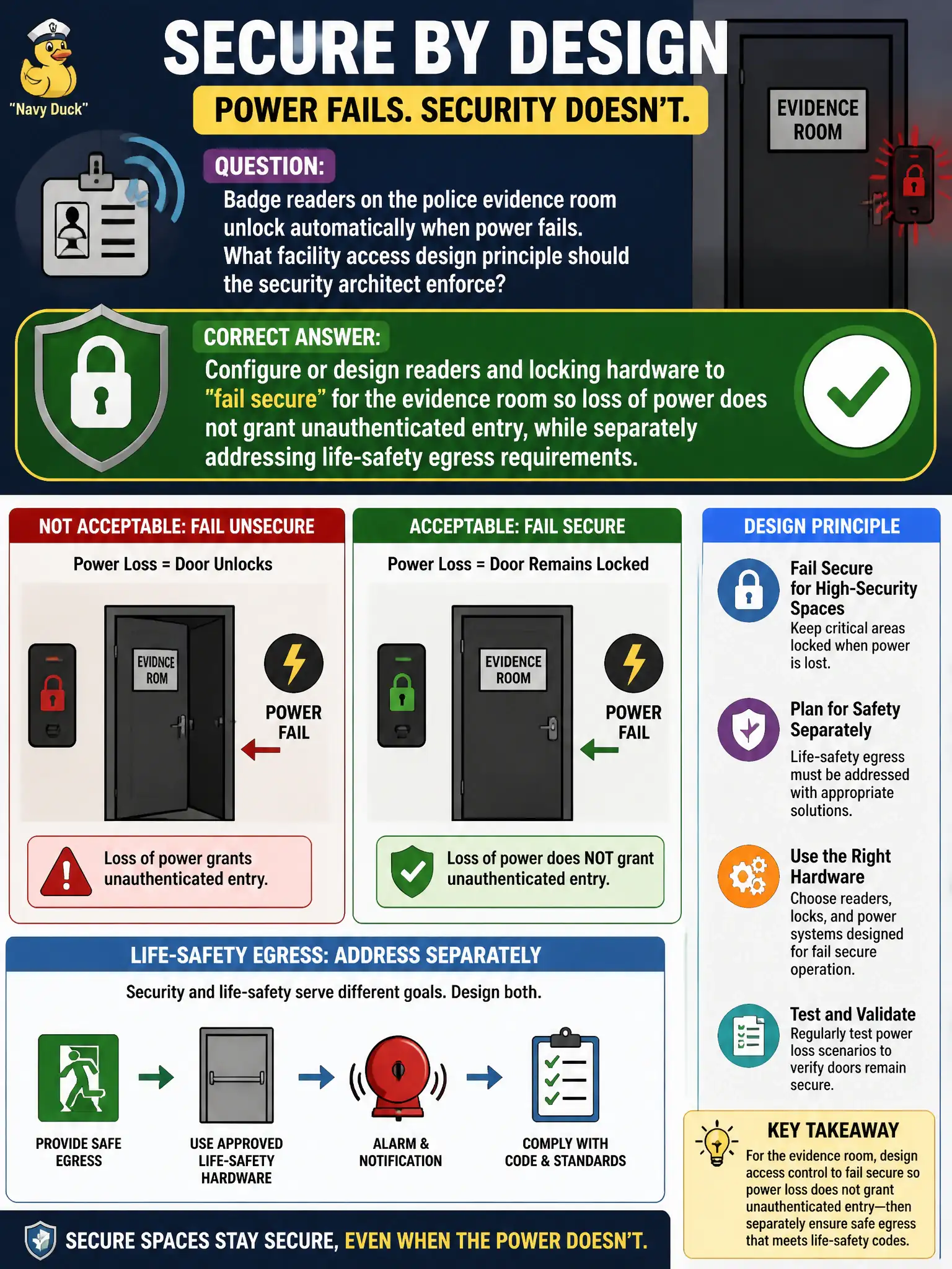To Create an exciting colorful infographic that explains the concepts in the question: Question: Badge readers on the police evidence room unlock automatically when power fails. What facility access design principle should the security architect enforce? Correct Answer: Configure or design readers and locking hardware to fail secure for the evidence room so loss of power does not grant unauthenticated entry, while separately addressing life-safety egress requirements. Put EVERY visible label in double quotes. No people. No A/B/C/D letters. In one of the four corners put a little "Navy Duck".