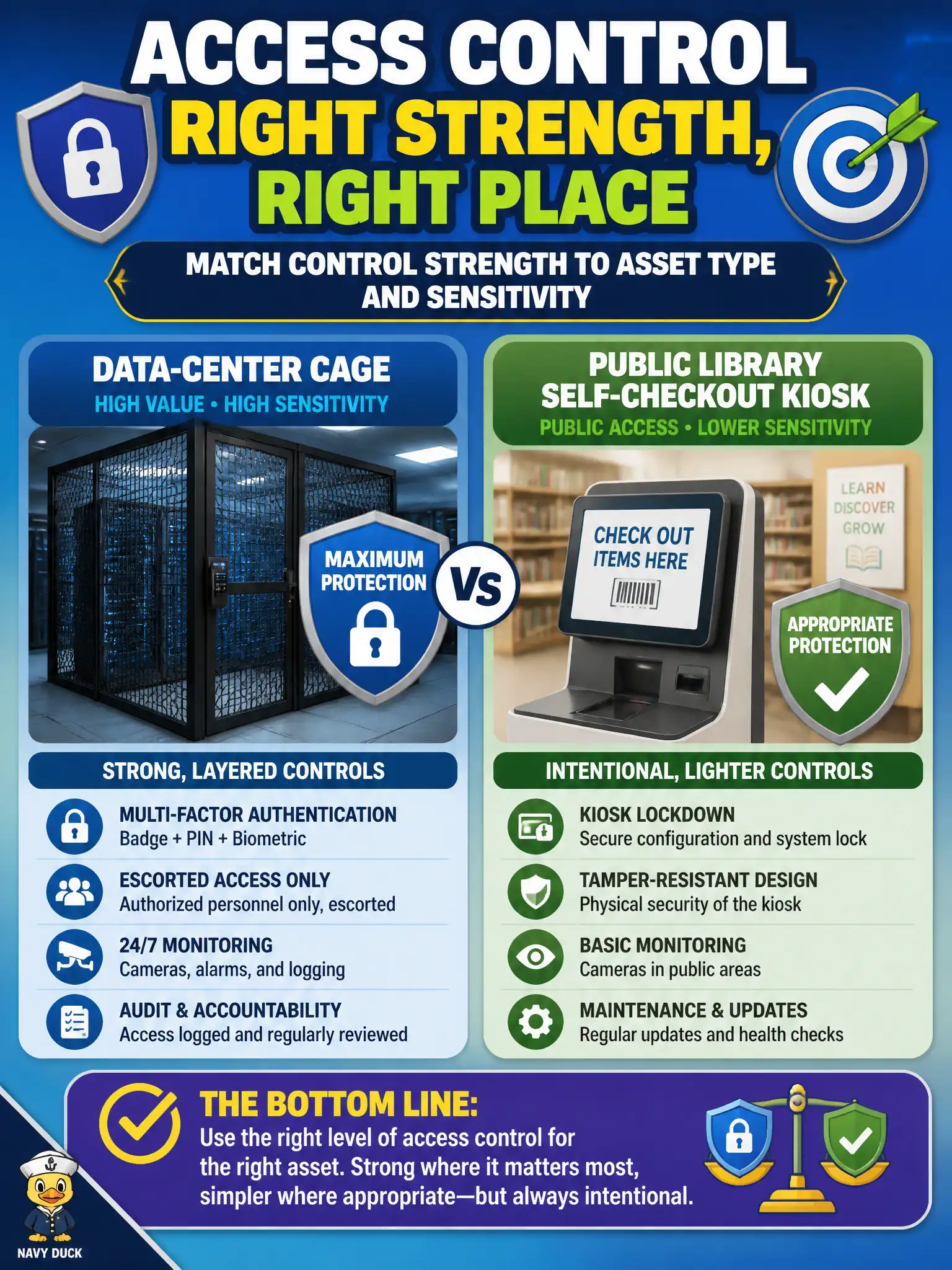 To Create an exciting colorful infographic that explains the concepts in the question: Question: A municipality protects both a data-center cage and a public library self-checkout kiosk. How should access-control strength be applied? Correct Answer: Match control strength to asset type and sensitivity—multi-factor, escorted, and monitored access for the cage; lighter but still intentional controls appropriate to a public kiosk. Put EVERY visible label in double quotes. No people. No A/B/C/D letters. In one of the four corners put a little "Navy Duck".
