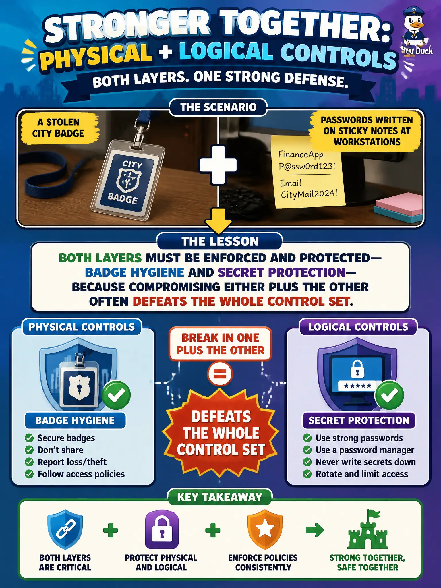 To Create an exciting colorful infographic that explains the concepts in the question: Question: An auditor finds a stolen city badge can be paired with passwords written on sticky notes at workstations. What lesson about combined physical and logical controls applies? Correct Answer: Both layers must be enforced and protected—badge hygiene and secret protection—because compromising either plus the other often defeats the whole control set. Put EVERY visible label in double quotes. No people. No A/B/C/D letters. In one of the four corners put a little "Navy Duck".