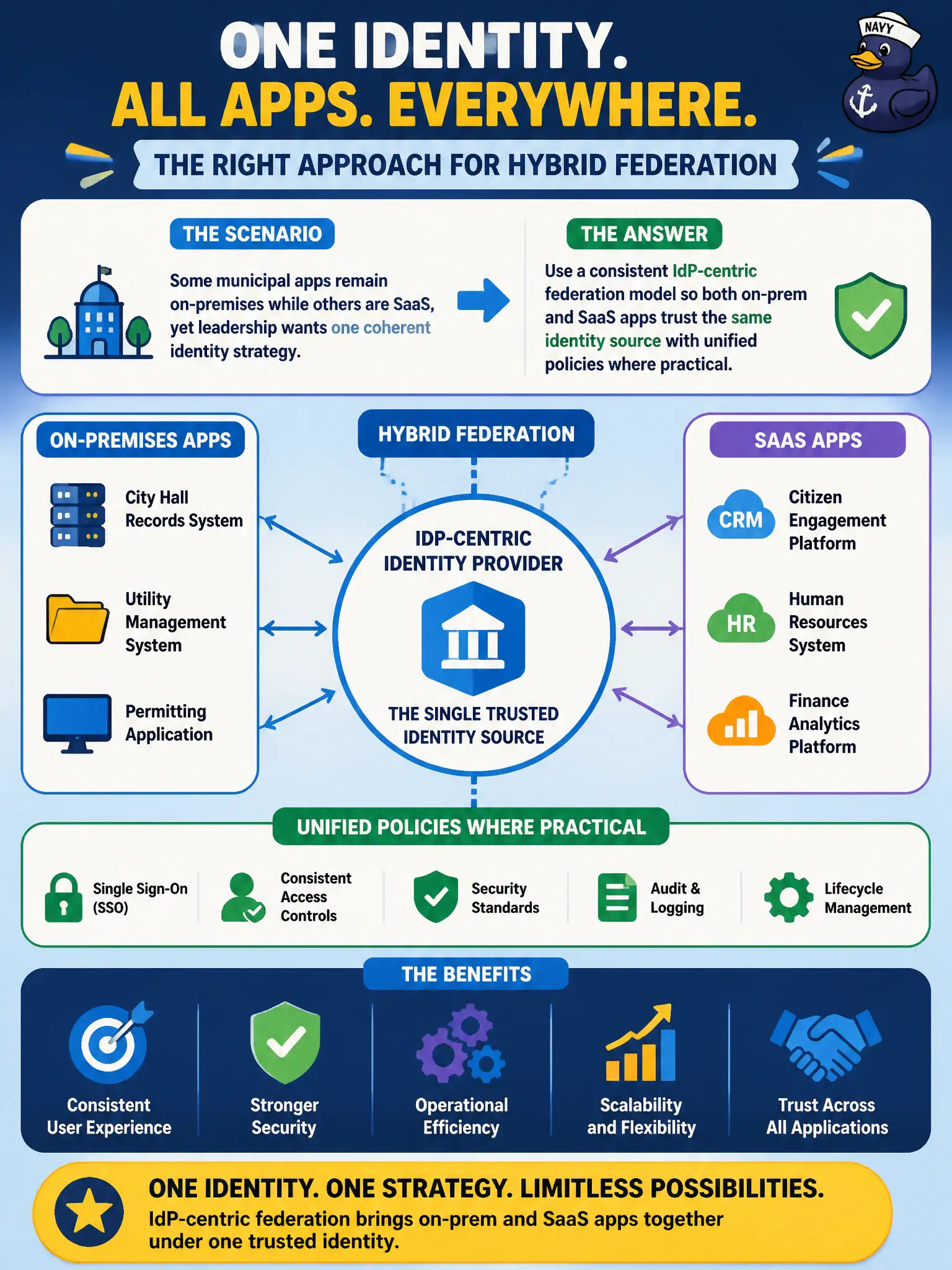 To Create an exciting colorful infographic that explains the concepts in the question: Question: Some municipal apps remain on-premises while others are SaaS, yet leadership wants one coherent identity strategy. Which approach fits hybrid federation? Correct Answer: Use a consistent IdP-centric federation model so both on-prem and SaaS apps trust the same identity source with unified policies where practical. Put EVERY visible label in double quotes. No people. No A/B/C/D letters. In one of the four corners put a little "Navy Duck".