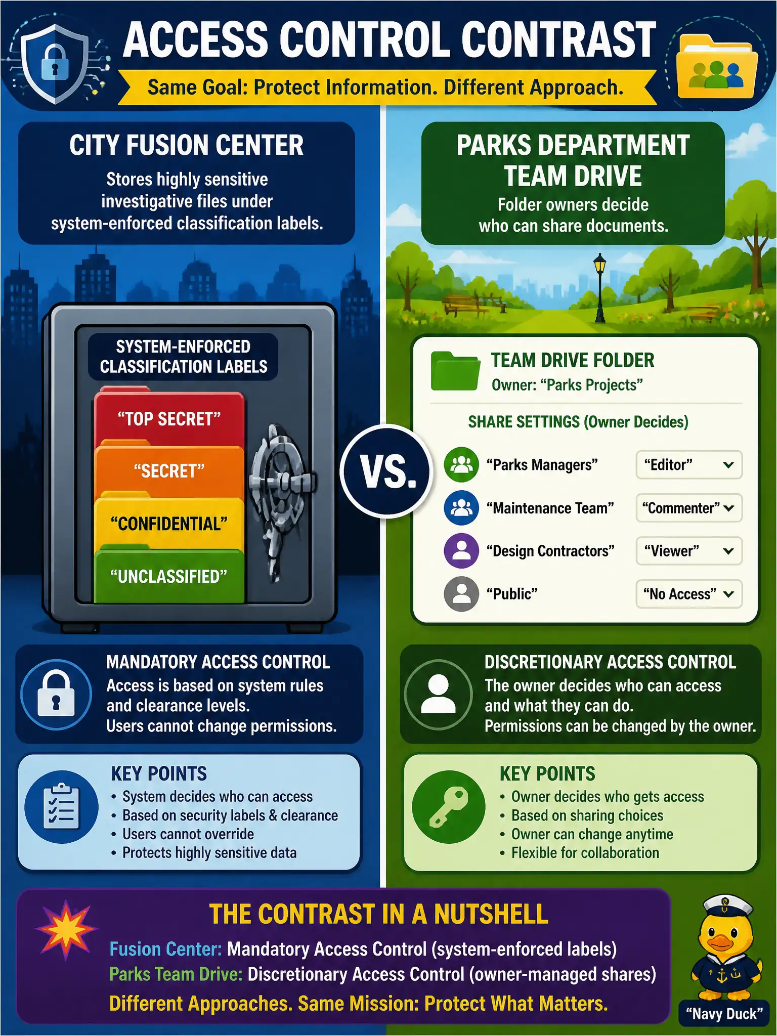 To Create an exciting colorful infographic that explains the concepts in the question: Question: A city fusion center stores highly sensitive investigative files under system-enforced classification labels, while a parks department team drive lets folder owners decide who can share documents. Which access-control contrast best describes these two approaches? Correct Answer: Mandatory access control for the fusion-center labels versus discretionary access control for owner-managed team-drive shares Put EVERY visible label in double quotes. No people. No A/B/C/D letters. In one of the four corners put a little "Navy Duck".