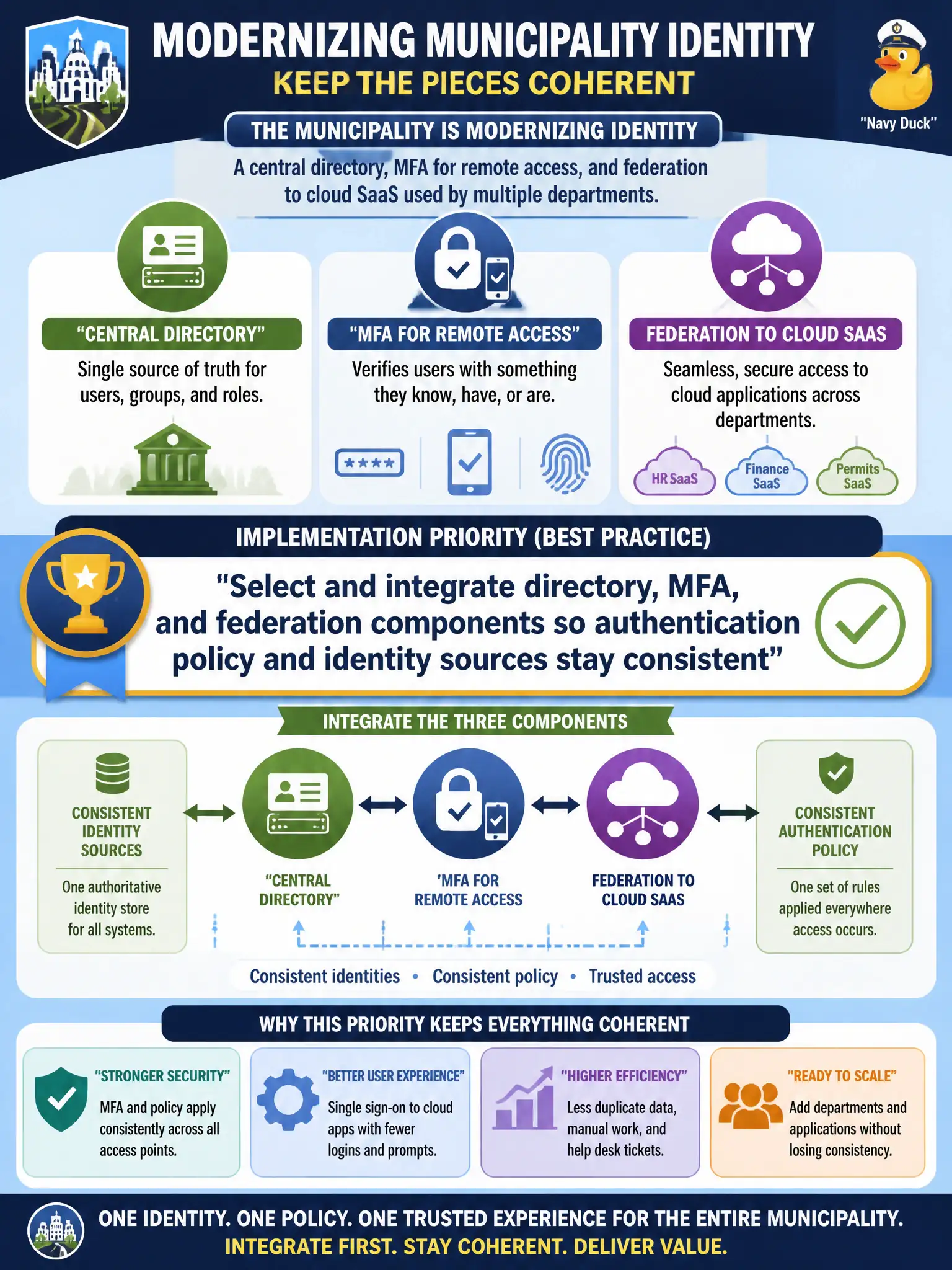To Create an exciting colorful infographic that explains the concepts in the question: Question: A municipality is modernizing identity: a central directory, MFA for remote access, and federation to cloud SaaS used by multiple departments. What implementation priority best keeps those pieces coherent? Correct Answer: Select and integrate directory, MFA, and federation components so authentication policy and identity sources stay consistent Put EVERY visible label in double quotes. No people. No A/B/C/D letters. In one of the four corners put a little "Navy Duck".