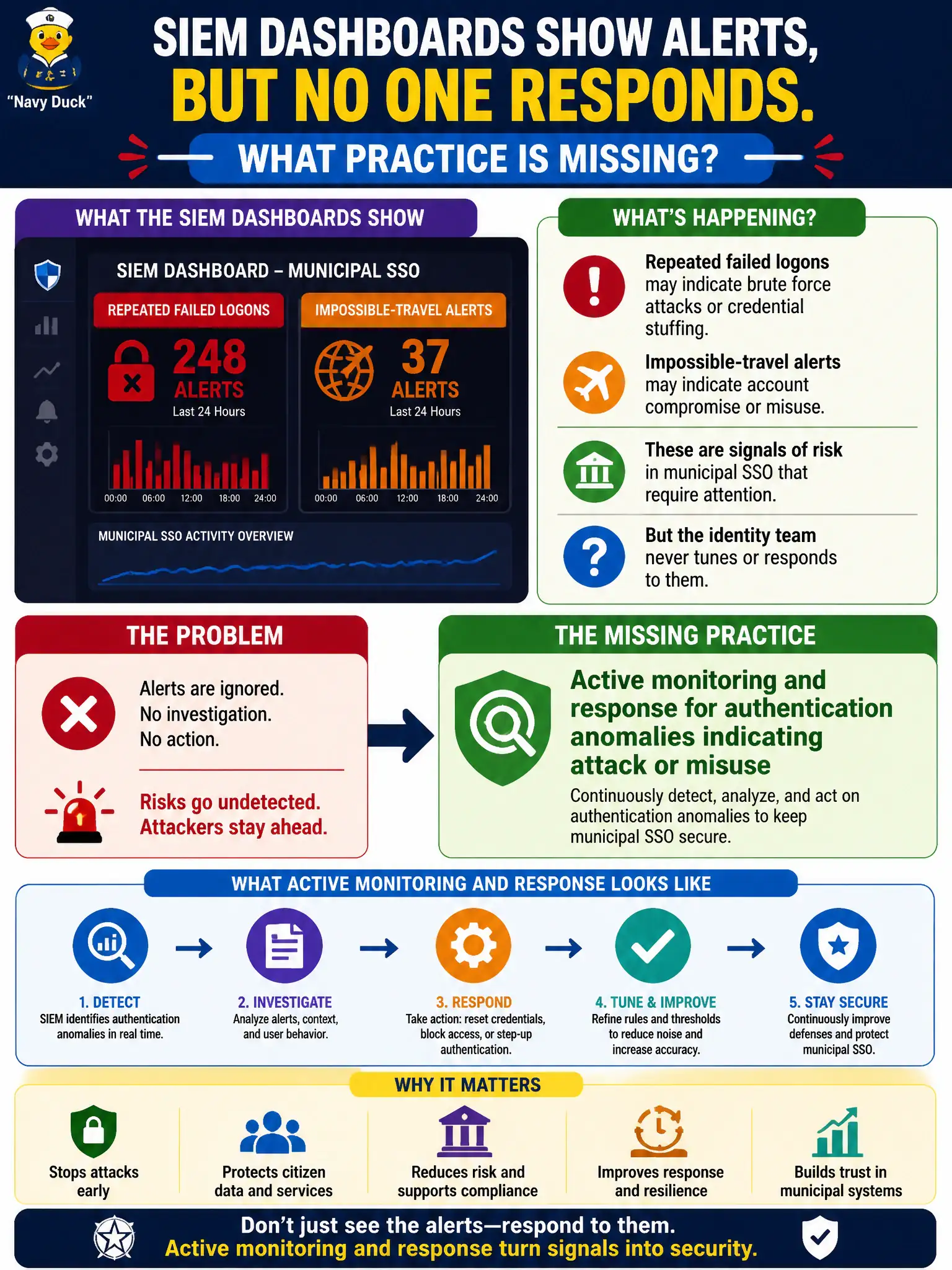 To Create an exciting colorful infographic that explains the concepts in the question: Question: SIEM dashboards show repeated failed logons and impossible-travel alerts for municipal SSO, but the identity team never tunes or responds to them. What practice is missing? Correct Answer: Active monitoring and response for authentication anomalies indicating attack or misuse Put EVERY visible label in double quotes. No people. No A/B/C/D letters. In one of the four corners put a little "Navy Duck".