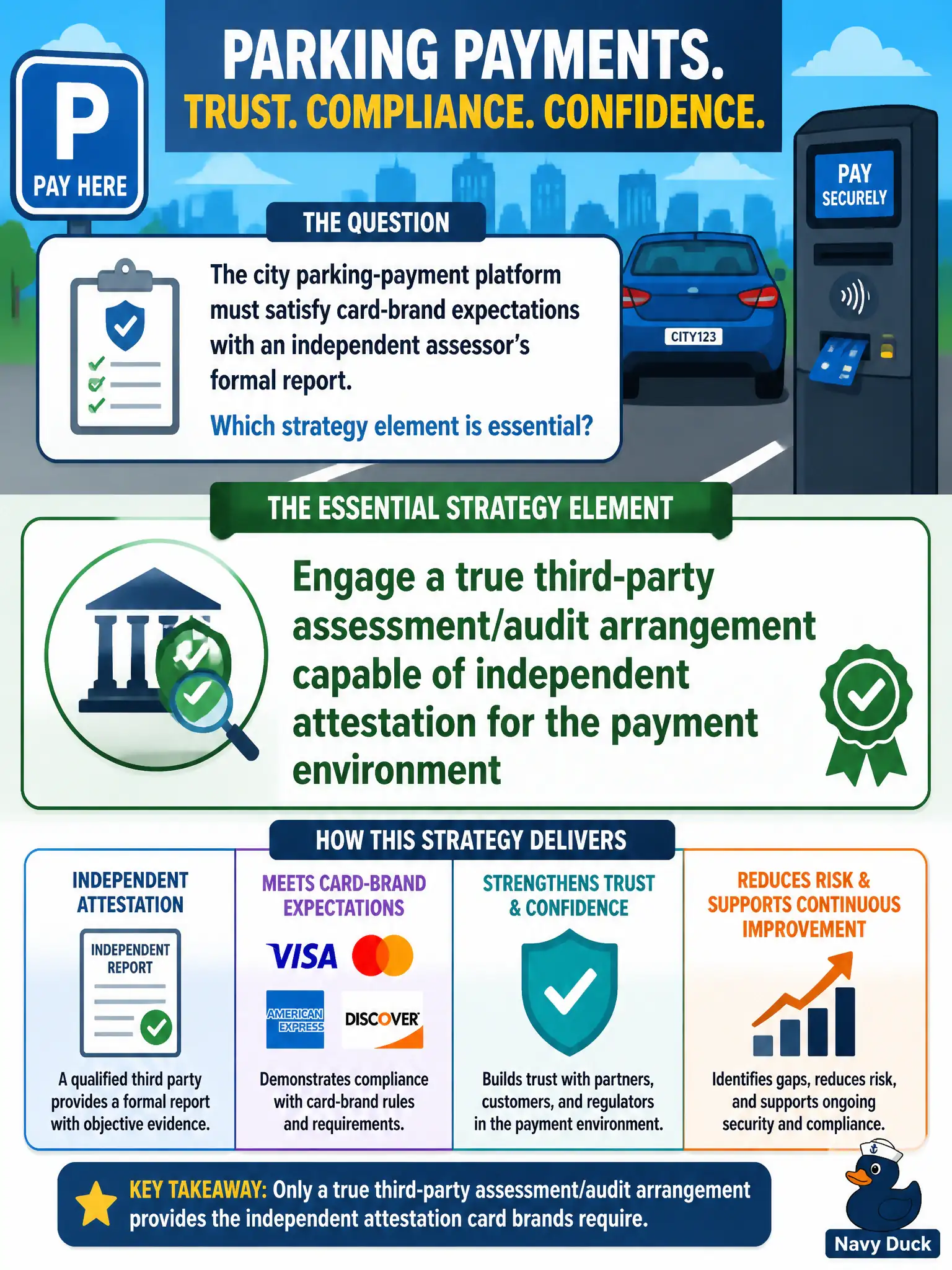 To Create an exciting colorful infographic that explains the concepts in the question: Question: The city parking-payment platform must satisfy card-brand expectations with an independent assessor's formal report. Which strategy element is essential? Correct Answer: Engage a true third-party assessment/audit arrangement capable of independent attestation for the payment environment Put EVERY visible label in double quotes. No people. No A/B/C/D letters. In one of the four corners put a little "Navy Duck".
