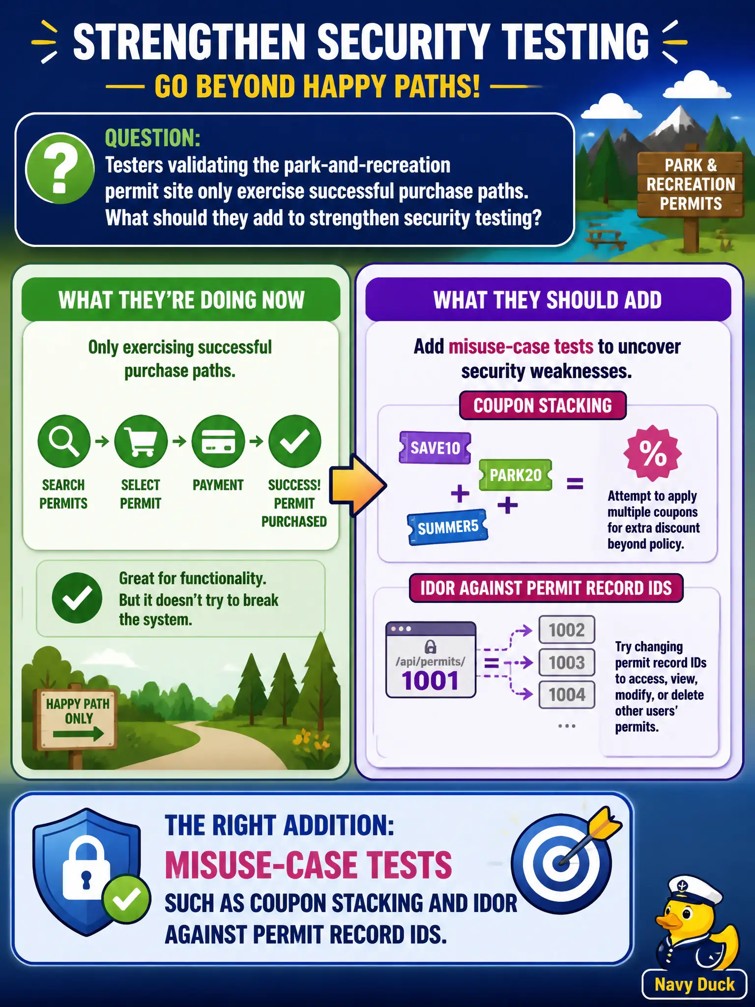 To Create an exciting colorful infographic that explains the concepts in the question: Question: Testers validating the park-and-recreation permit site only exercise successful purchase paths. What should they add to strengthen security testing? Correct Answer: Misuse-case tests such as coupon stacking and IDOR against permit record IDs. Put EVERY visible label in double quotes. No people. No A/B/C/D letters. In one of the four corners put a little "Navy Duck".