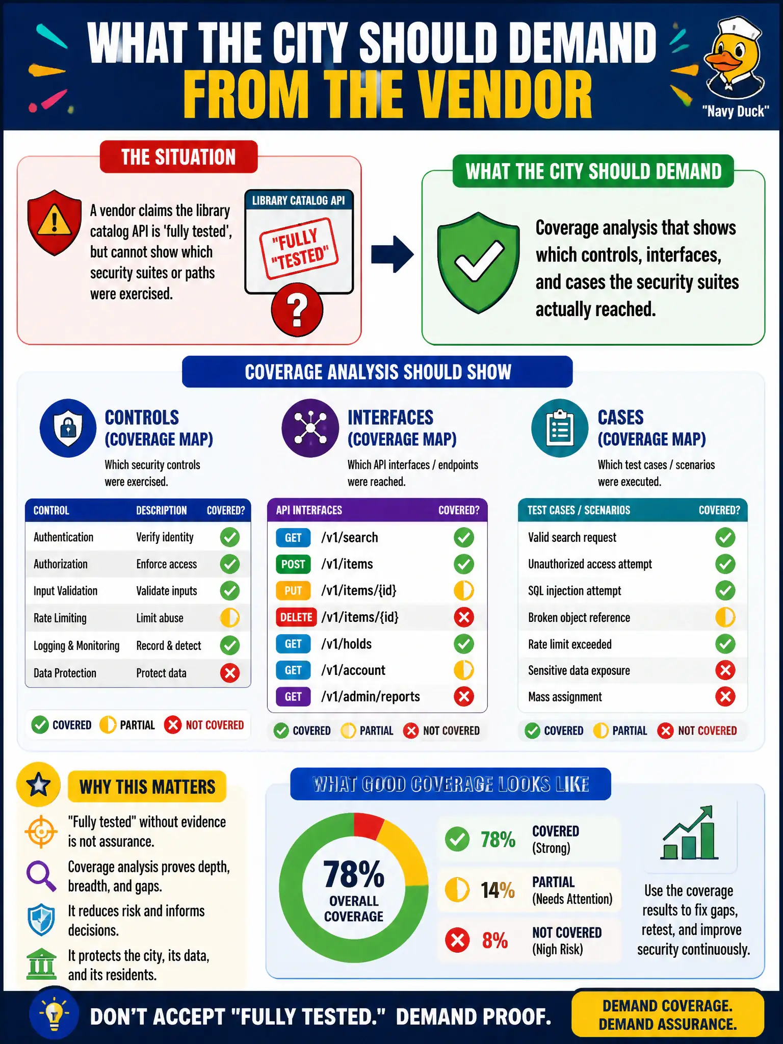To Create an exciting colorful infographic that explains the concepts in the question: Question: A vendor claims the library catalog API is 'fully tested,' but cannot show which security suites or paths were exercised. What should the city demand? Correct Answer: Coverage analysis that shows which controls, interfaces, and cases the security suites actually reached. Put EVERY visible label in double quotes. No people. No A/B/C/D letters. In one of the four corners put a little "Navy Duck".