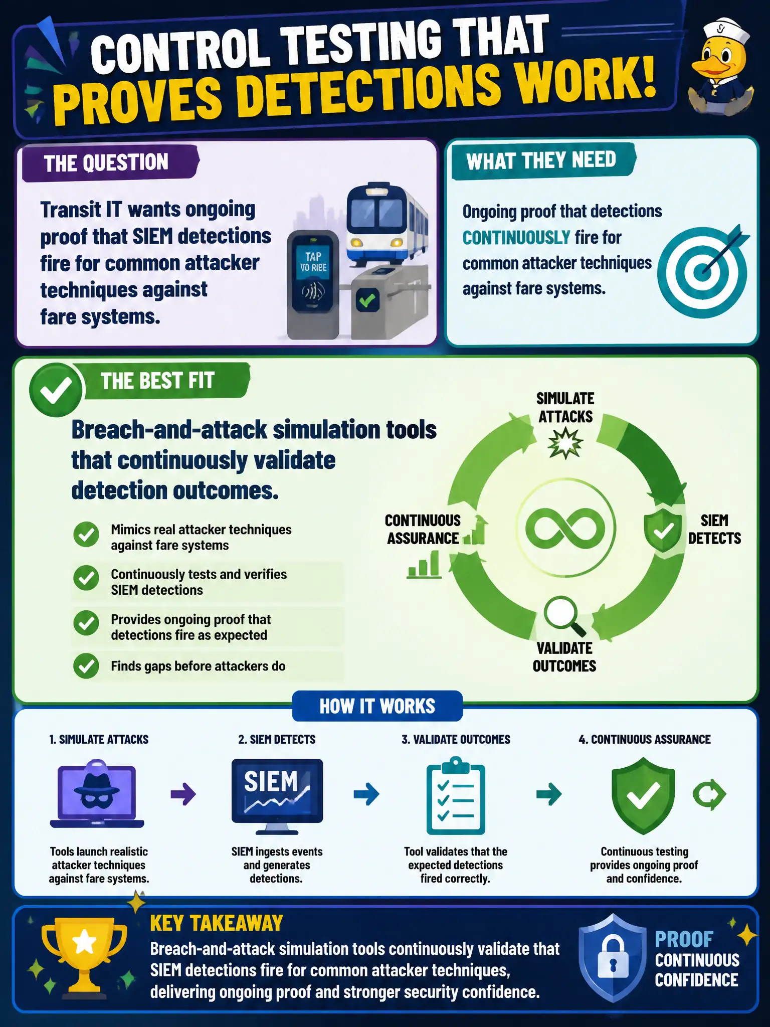 To Create an exciting colorful infographic that explains the concepts in the question: Question: Transit IT wants ongoing proof that SIEM detections fire for common attacker techniques against fare systems. Which control-testing approach fits best? Correct Answer: Breach-and-attack simulation tools that continuously validate detection outcomes. Put EVERY visible label in double quotes. No people. No A/B/C/D letters. In one of the four corners put a little "Navy Duck".