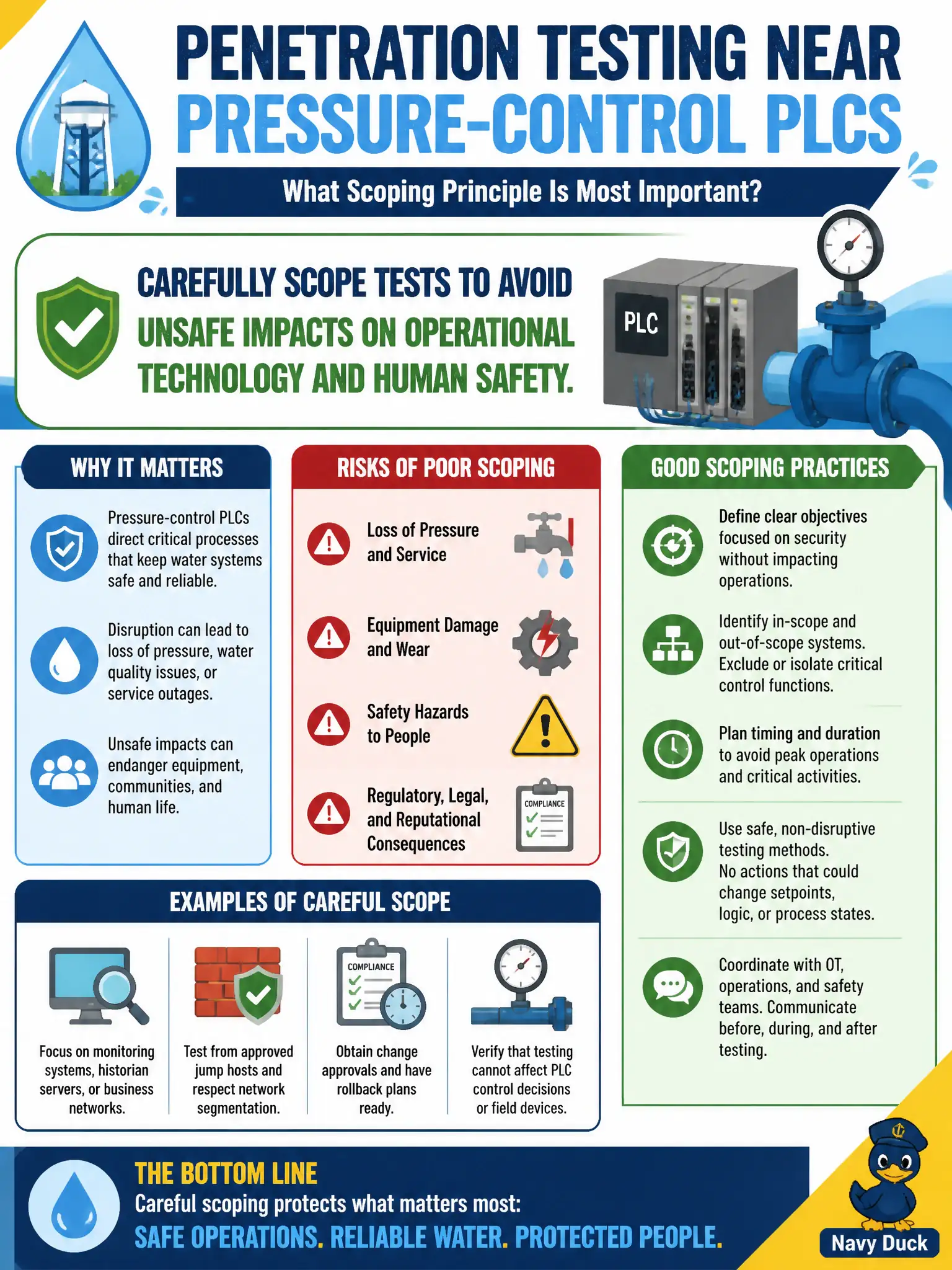 To Create an exciting colorful infographic that explains the concepts in the question: Question: A water utility plans penetration testing near pressure-control PLCs. What scoping principle is most important? Correct Answer: Carefully scope tests to avoid unsafe impacts on operational technology and human safety. Put EVERY visible label in double quotes. No people. No A/B/C/D letters. In one of the four corners put a little "Navy Duck".