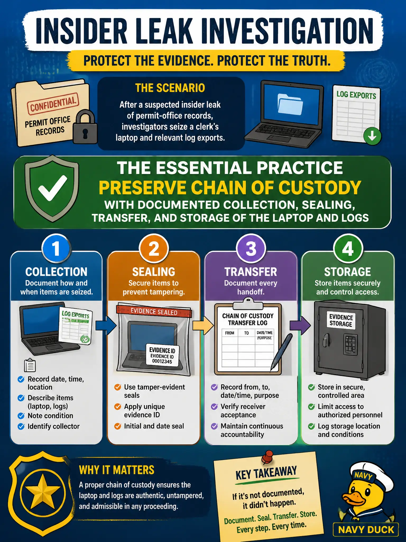 To Create an exciting colorful infographic that explains the concepts in the question: Question: After a suspected insider leak of permit-office records, investigators seize a clerk's laptop and relevant log exports. What practice is essential for those materials? Correct Answer: Preserve chain of custody with documented collection, sealing, transfer, and storage of the laptop and logs Put EVERY visible label in double quotes. No people. No A/B/C/D letters. In one of the four corners put a little "Navy Duck".