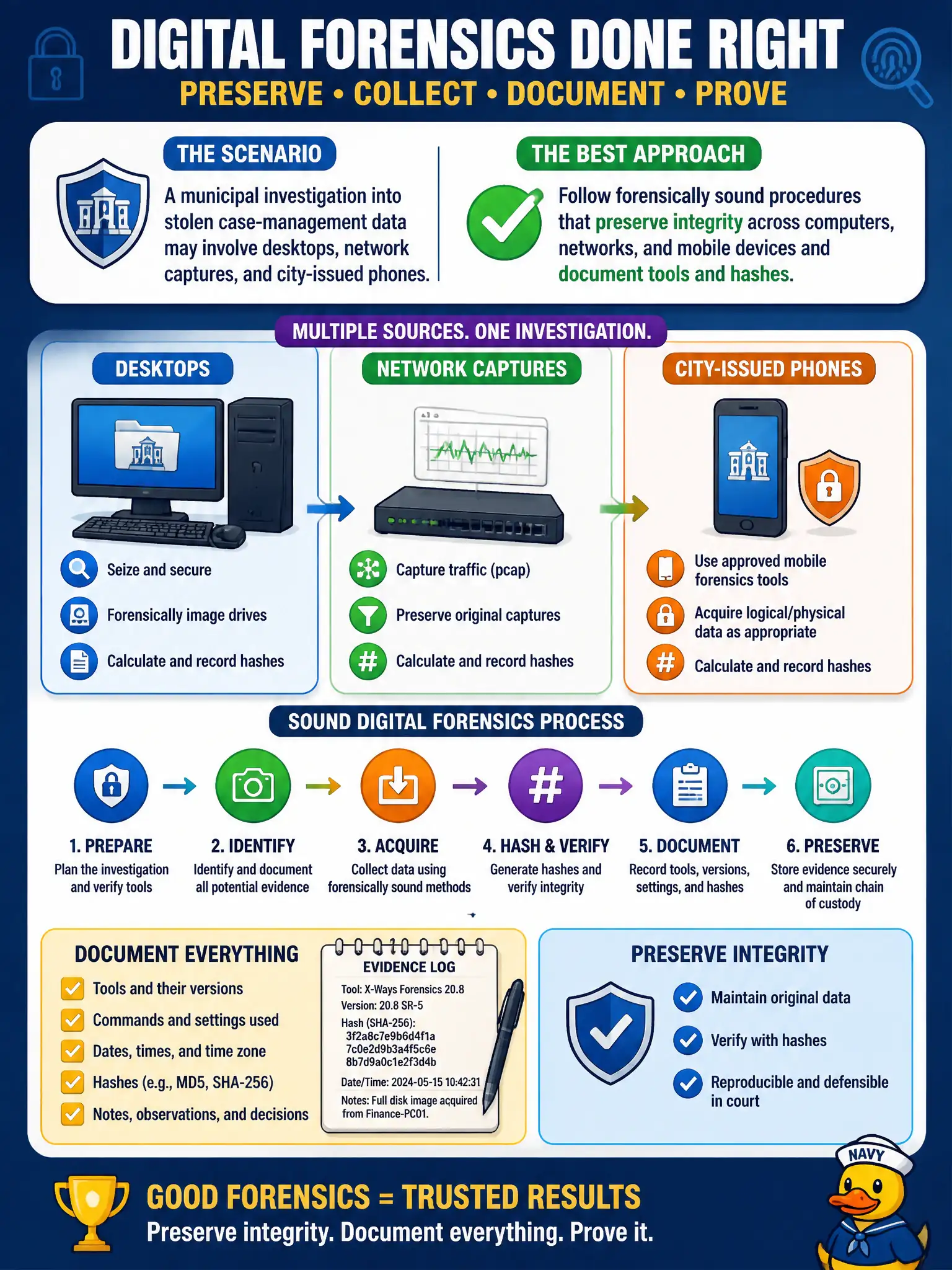 To Create an exciting colorful infographic that explains the concepts in the question: Question: A municipal investigation into stolen case-management data may involve desktops, network captures, and city-issued phones. What approach best reflects sound digital forensics practice? Correct Answer: Follow forensically sound procedures that preserve integrity across computers, networks, and mobile devices and document tools and hashes Put EVERY visible label in double quotes. No people. No A/B/C/D letters. In one of the four corners put a little "Navy Duck".