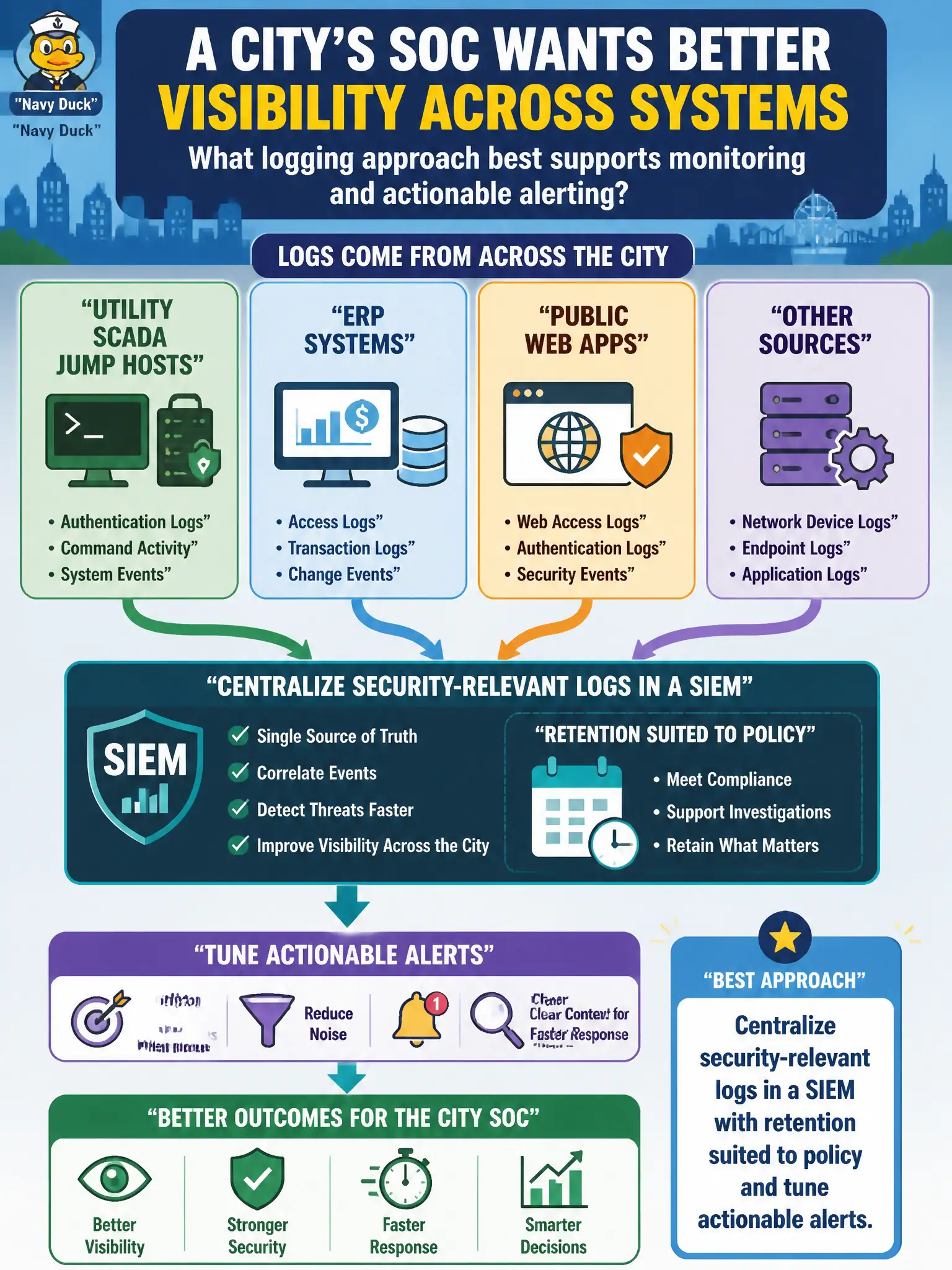 To Create an exciting colorful infographic that explains the concepts in the question: Question: A city's SOC wants better visibility across utility SCADA jump hosts, ERP, and public web apps. What logging approach best supports monitoring and actionable alerting? Correct Answer: Centralize security-relevant logs in a SIEM with retention suited to policy and tune actionable alerts Put EVERY visible label in double quotes. No people. No A/B/C/D letters. In one of the four corners put a little "Navy Duck".