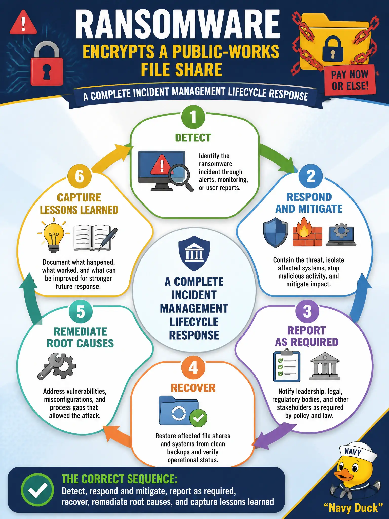 To Create an exciting colorful infographic that explains the concepts in the question: Question: Ransomware encrypts a public-works file share. Which sequence best reflects a complete incident management lifecycle response? Correct Answer: Detect, respond and mitigate, report as required, recover, remediate root causes, and capture lessons learned Put EVERY visible label in double quotes. No people. No A/B/C/D letters. In one of the four corners put a little "Navy Duck".