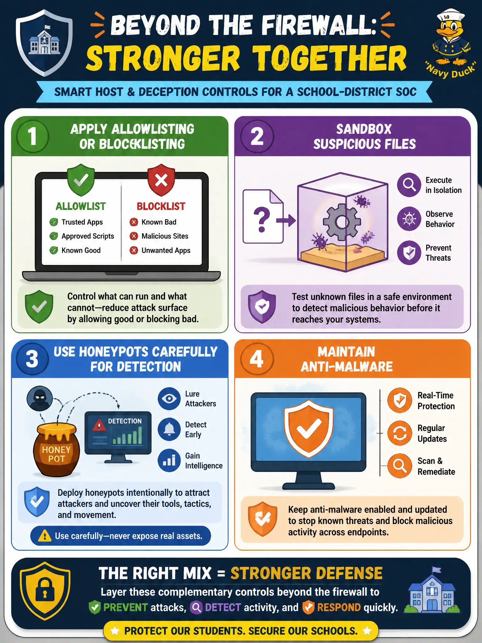 To Create an exciting colorful infographic that explains the concepts in the question: Question: A school-district SOC is choosing complementary host and deception controls beyond the firewall. Which mix is used appropriately? Correct Answer: Apply allowlisting or blocklisting, sandbox suspicious files, use honeypots carefully for detection, and maintain anti-malware Put EVERY visible label in double quotes. No people. No A/B/C/D letters. In one of the four corners put a little "Navy Duck".