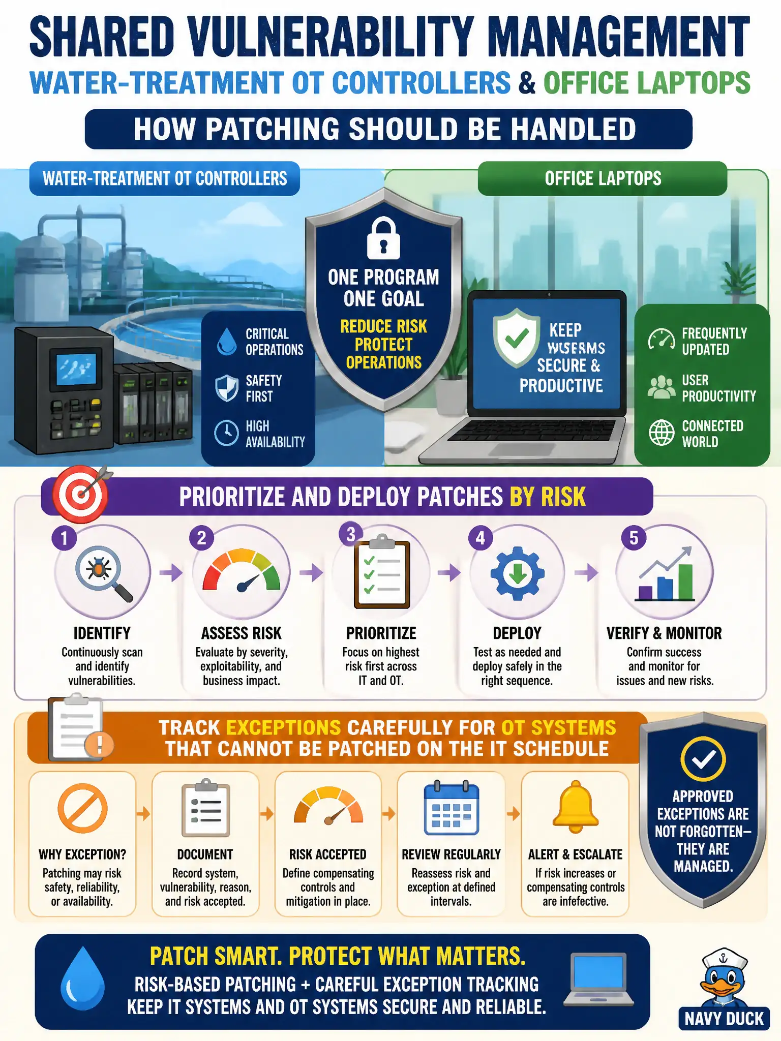 To Create an exciting colorful infographic that explains the concepts in the question: Question: Water-treatment OT controllers and office laptops share a vulnerability management program. How should patching be handled? Correct Answer: Prioritize and deploy patches by risk, and track exceptions carefully for OT systems that cannot be patched on the IT schedule Put EVERY visible label in double quotes. No people. No A/B/C/D letters. In one of the four corners put a little "Navy Duck".