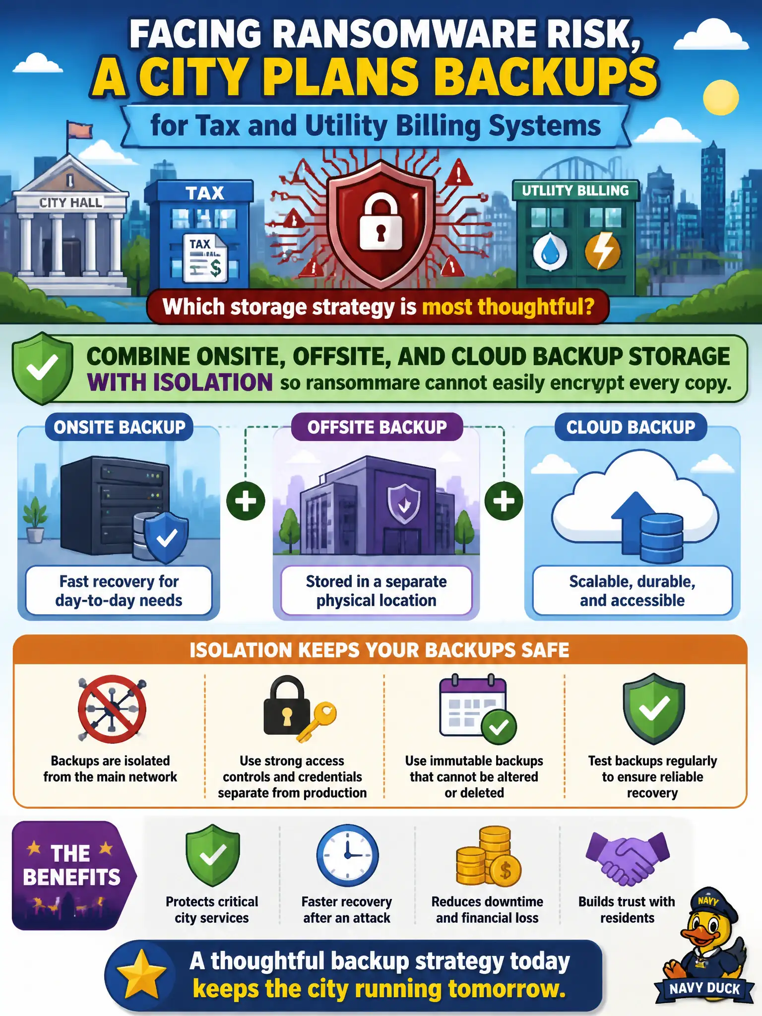 To Create an exciting colorful infographic that explains the concepts in the question: Question: Facing ransomware risk, a city plans backups for tax and utility billing systems. Which storage strategy is most thoughtful? Correct Answer: Combine onsite, offsite, and cloud backup storage with isolation so ransomware cannot easily encrypt every copy Put EVERY visible label in double quotes. No people. No A/B/C/D letters. In one of the four corners put a little "Navy Duck".