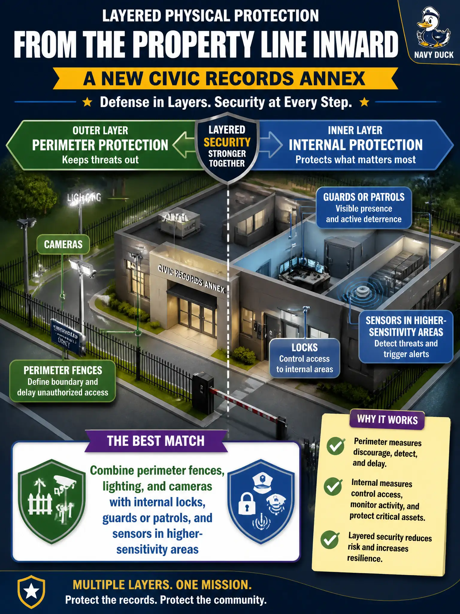 To Create an exciting colorful infographic that explains the concepts in the question: Question: A new civic records annex needs layered physical protection from the property line inward. Which control pairing best matches perimeter versus internal needs? Correct Answer: Combine perimeter fences, lighting, and cameras with internal locks, guards or patrols, and sensors in higher-sensitivity areas Put EVERY visible label in double quotes. No people. No A/B/C/D letters. In one of the four corners put a little "Navy Duck".