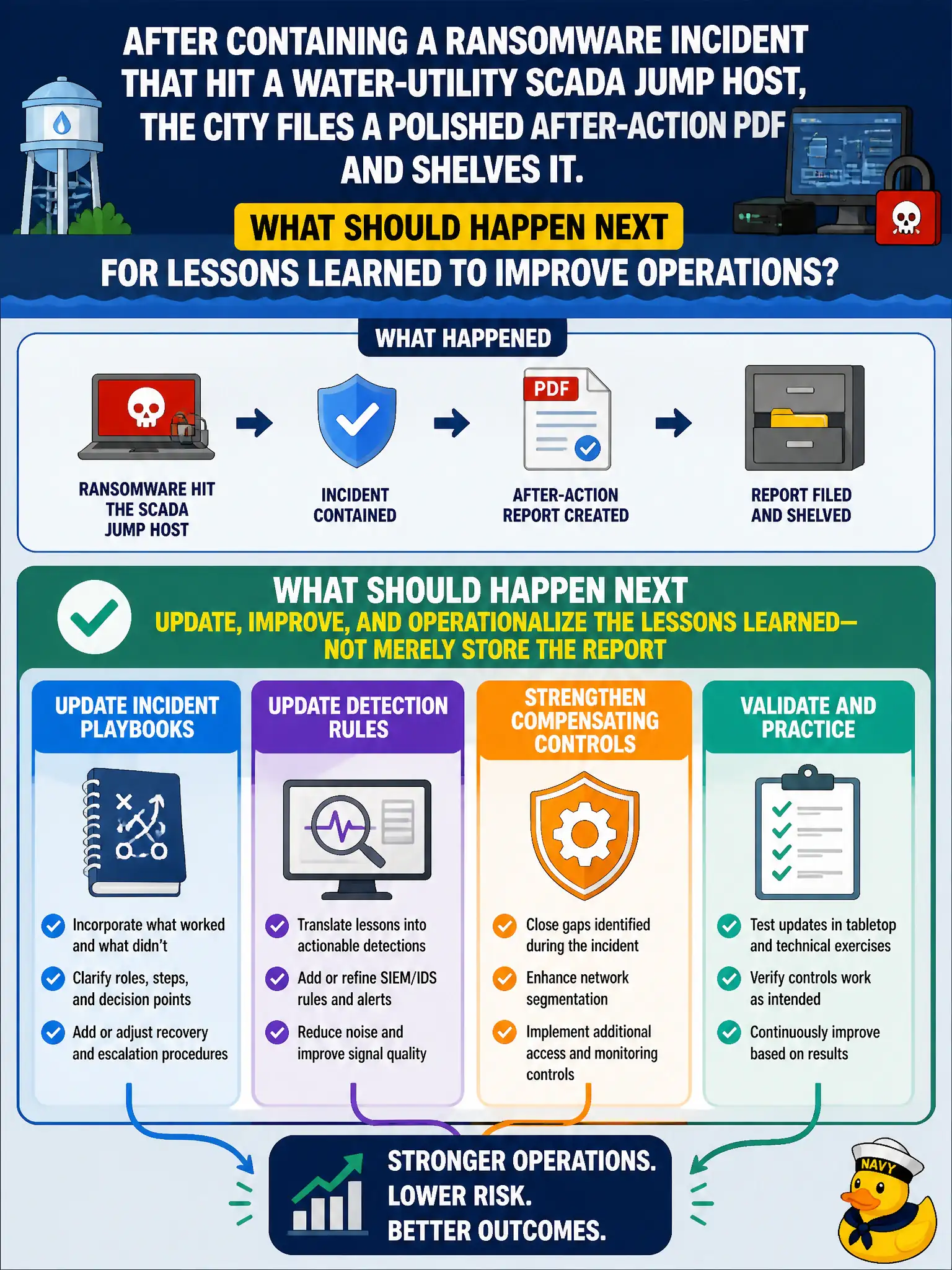 To Create an exciting colorful infographic that explains the concepts in the question: Question: After containing a ransomware incident that hit a water-utility SCADA jump host, the city files a polished after-action PDF and shelves it. What should happen next for lessons learned to improve operations? Correct Answer: Update incident playbooks, detection rules, and compensating controls based on the review—not merely store the report Put EVERY visible label in double quotes. No people. No A/B/C/D letters. In one of the four corners put a little "Navy Duck".