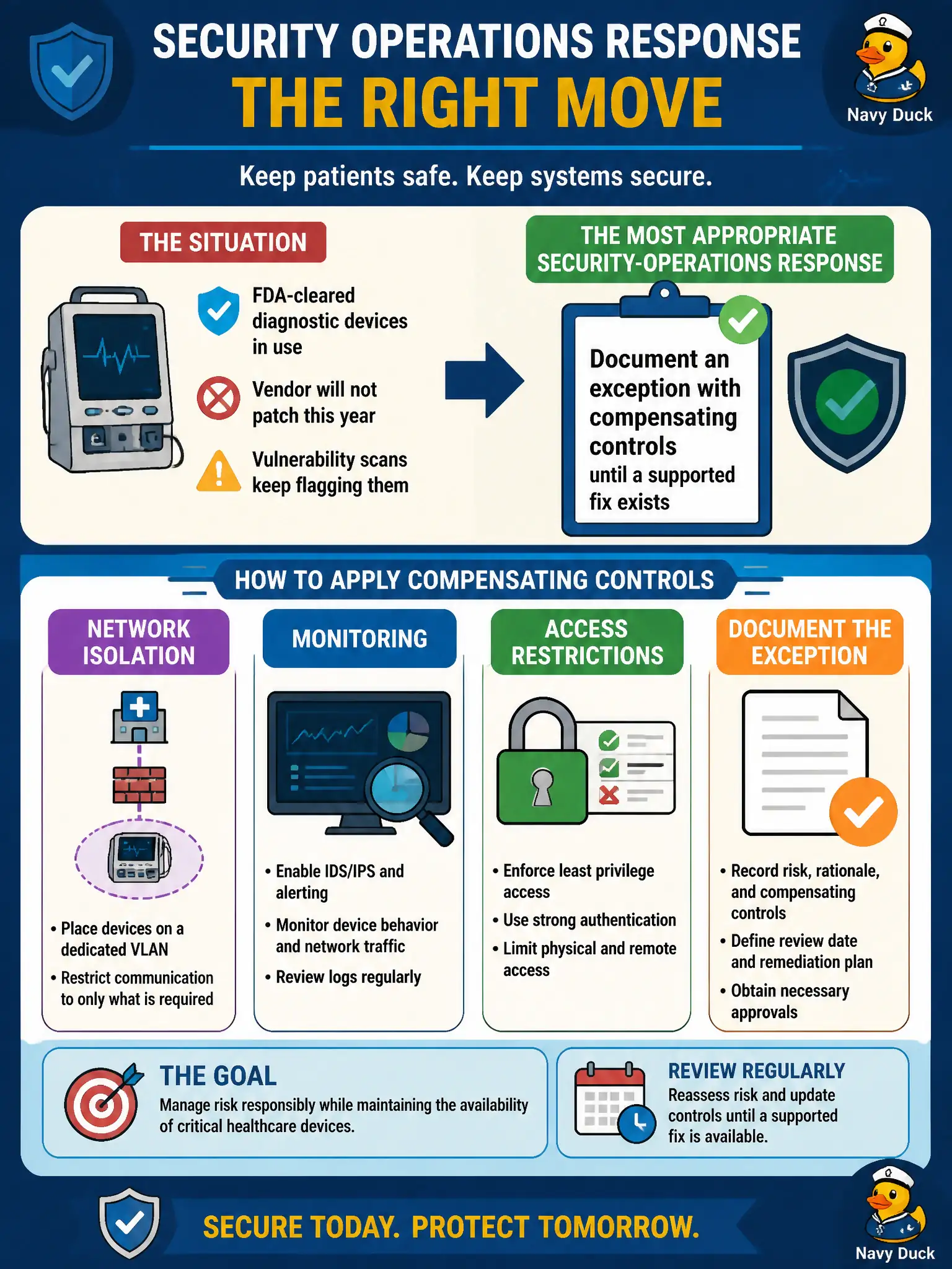 To Create an exciting colorful infographic that explains the concepts in the question: Question: A public-health clinic still runs FDA-cleared diagnostic devices that the vendor will not patch this year. Vulnerability scans keep flagging them. What is the most appropriate security-operations response? Correct Answer: Document an exception with compensating controls such as network isolation, monitoring, and access restrictions until a supported fix exists Put EVERY visible label in double quotes. No people. No A/B/C/D letters. In one of the four corners put a little "Navy Duck".